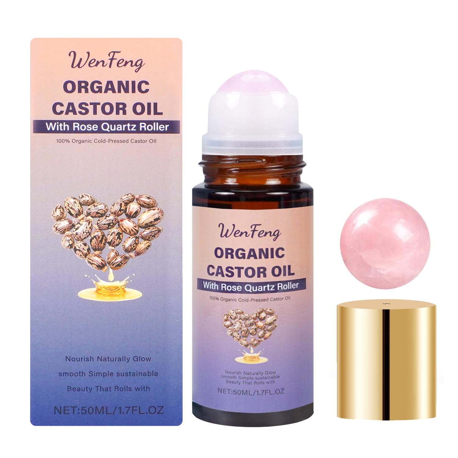 WenFeng Organic Castor Oil Roll On with Rose Quartz Roller Ball - WenFeng Official Product View 2