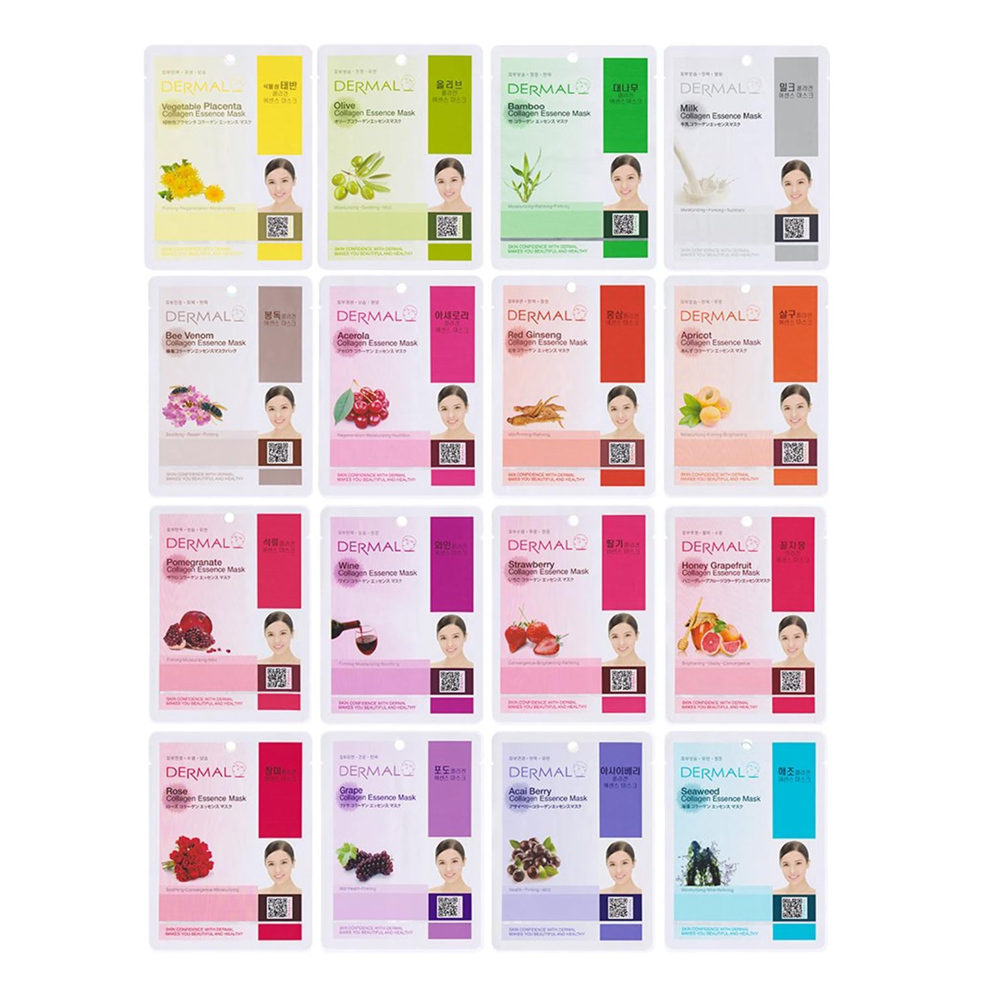 DERMAL 16 Collagen Korean Essence Sheet Mask Variety Pack, Aloe - DERMAL