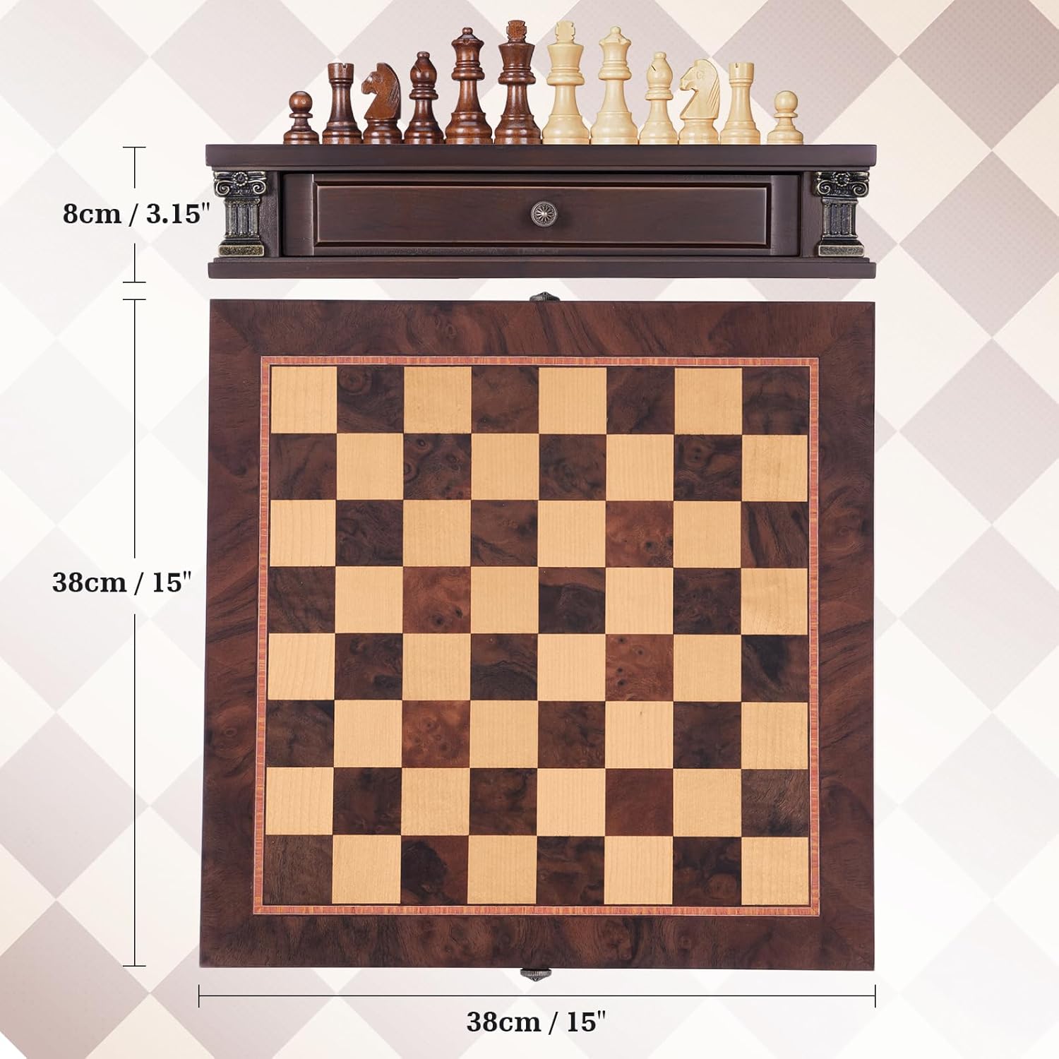 Peradix magnetic wooden chess set with 15-inch board and two built-in storage drawers, featuring magnetic chess pieces.