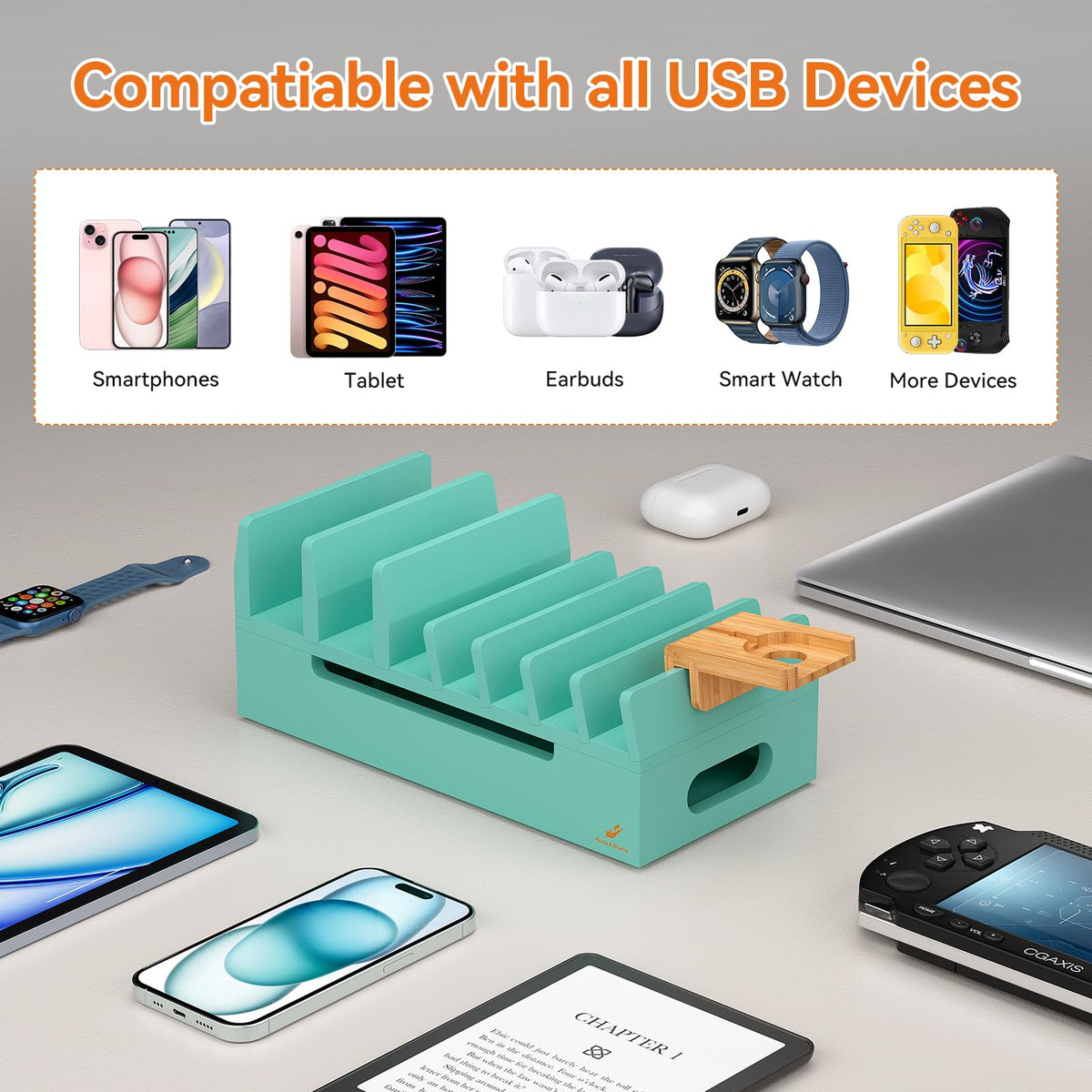 Bamboo Charging Stand for Multiple Devices Phone Watch Stand - Pezin & Hulin Official Imagery - 3