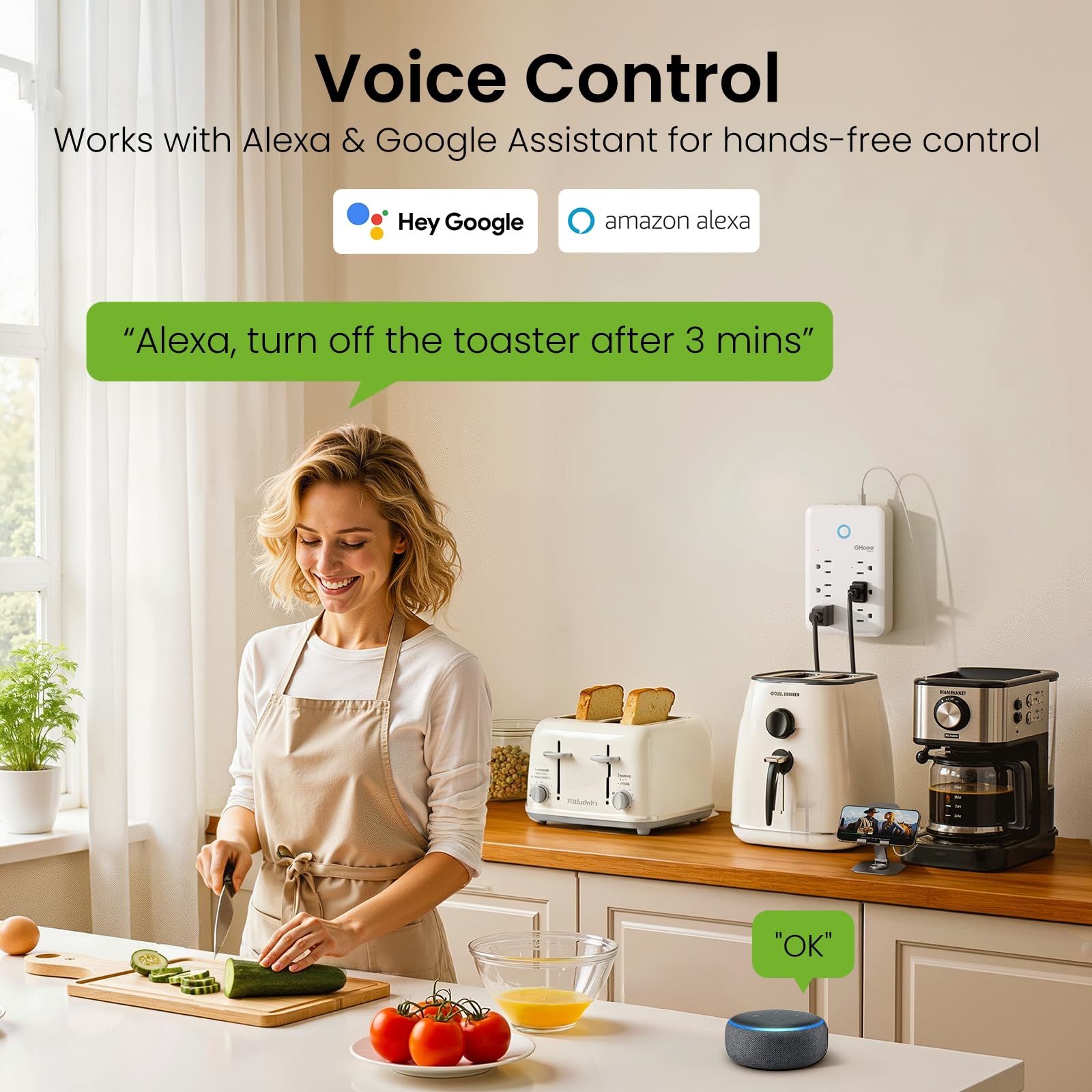 GHome Smart Plug Outlet Extender, USB Wall Charger with 3 Individ - GHome Smart Official Product View 3