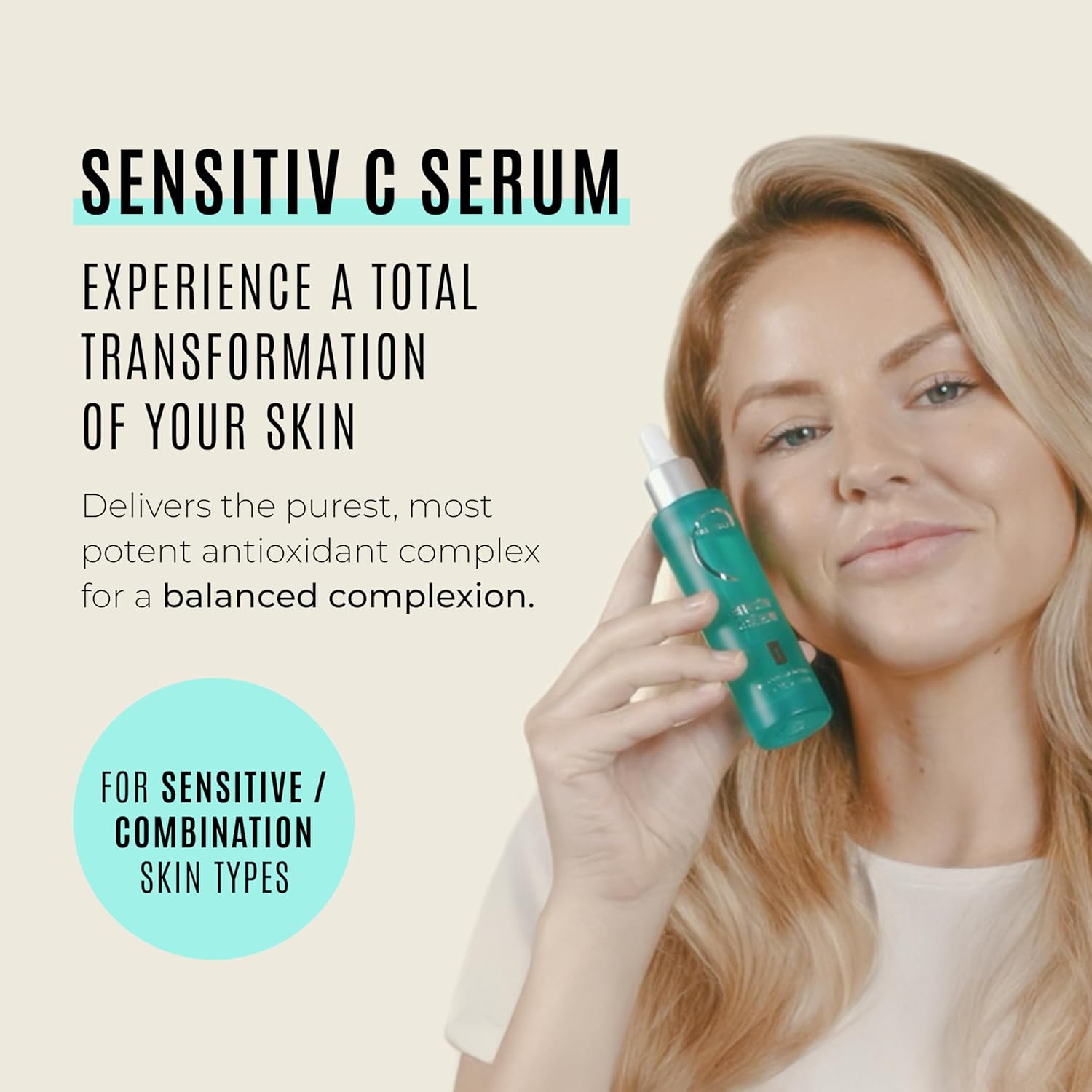 Malibu C Sensitiv C Face Serum bottle with dropper, designed for combination and sensitive skin with vitamin C for brightening.