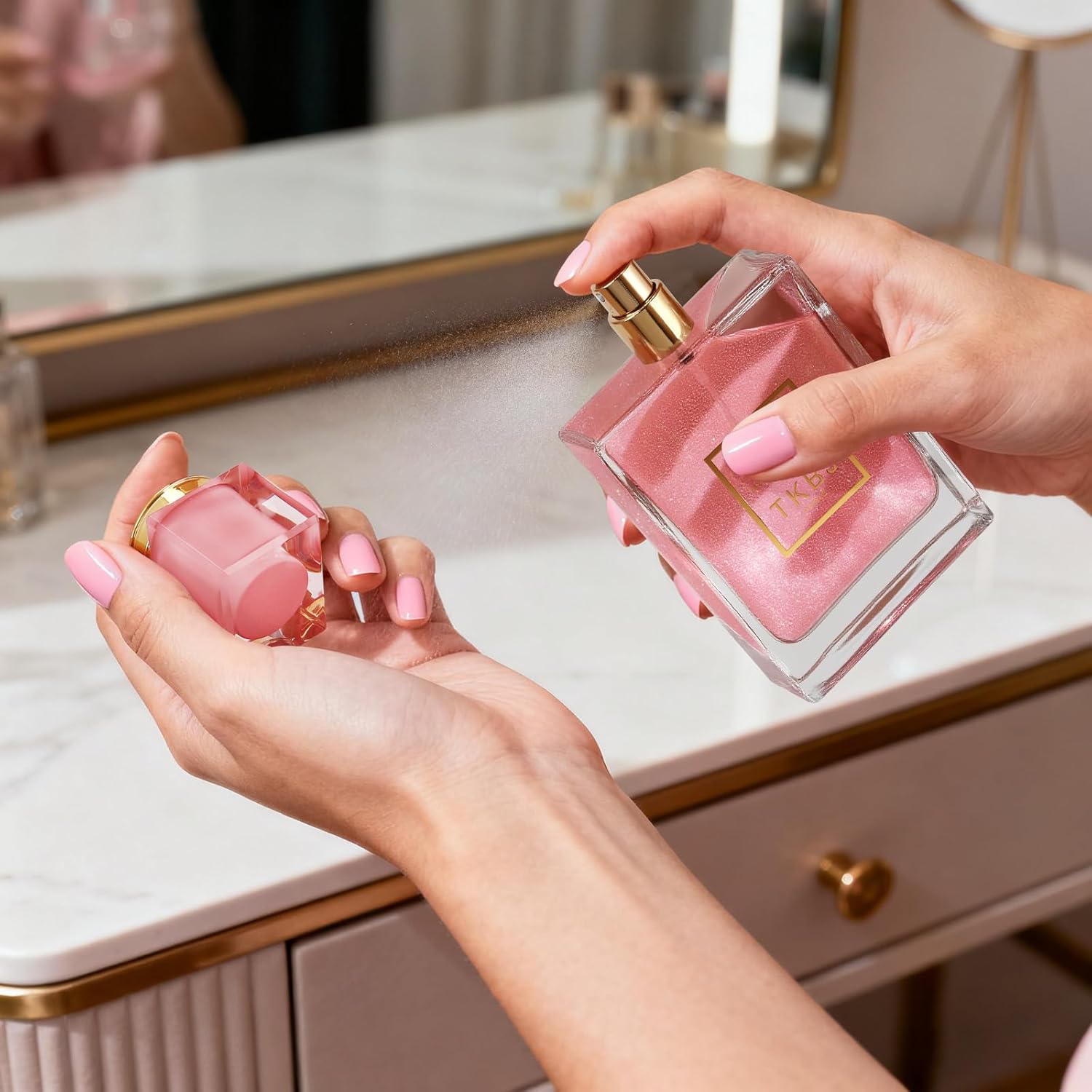 Miss Blooming Bouquet floral fruity Eau de Toilette for women by TKBJ, featuring a elegant perfume bottle with a pink floral design.