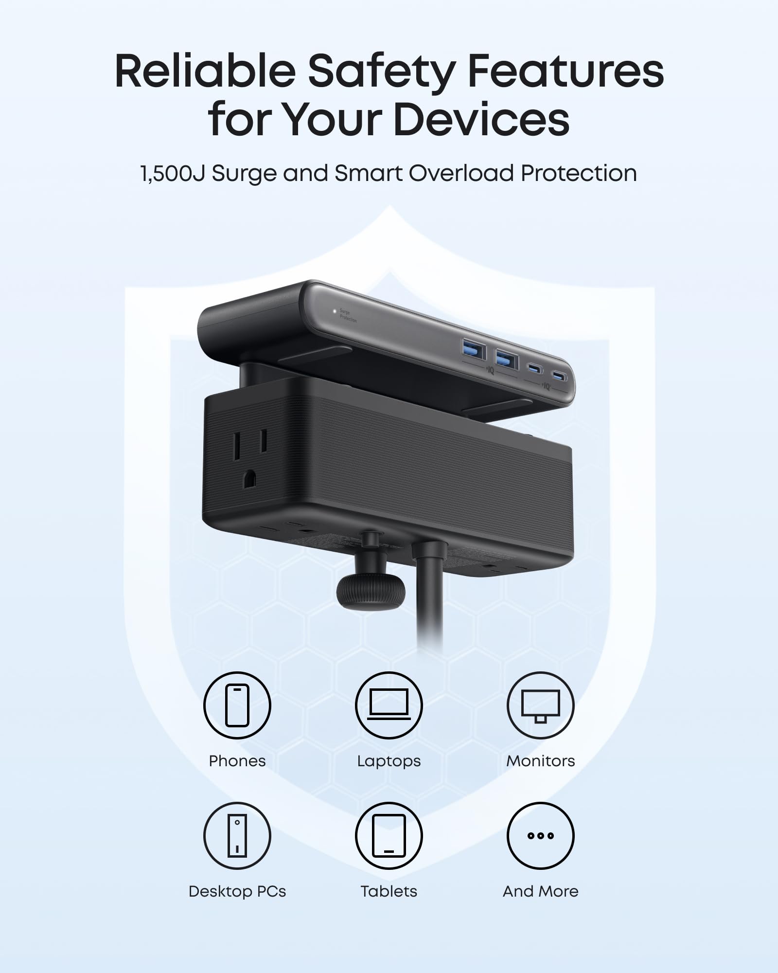 Anker Nano Power Strip with desk clamp, 70W max, 1500J surge protection, and 2 USB-C ports for charging devices.