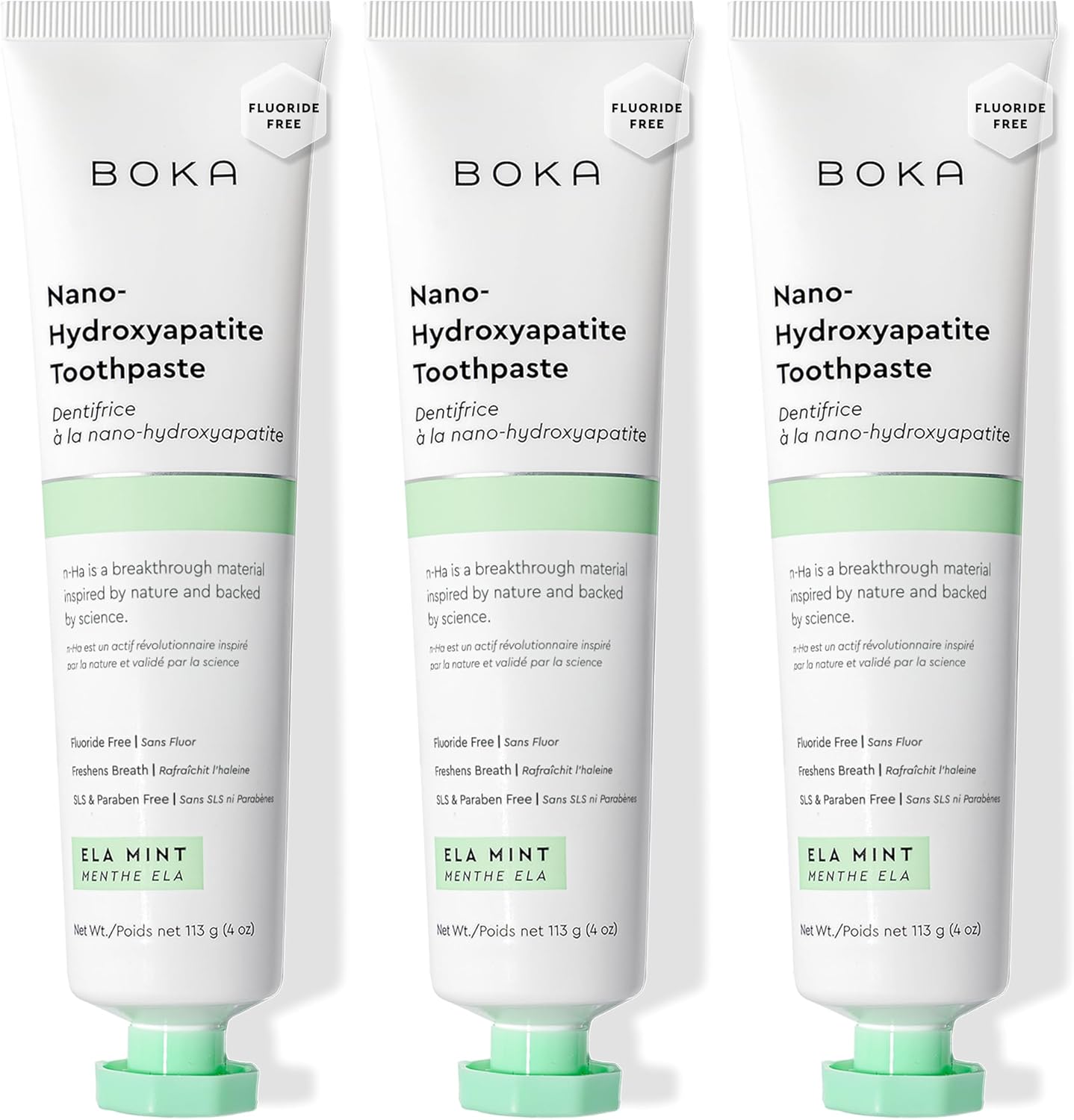 Boka fluoride-free toothpaste with nano hydroxyapatite, suitable for sensitive teeth, showing a tube with white and blue packaging.