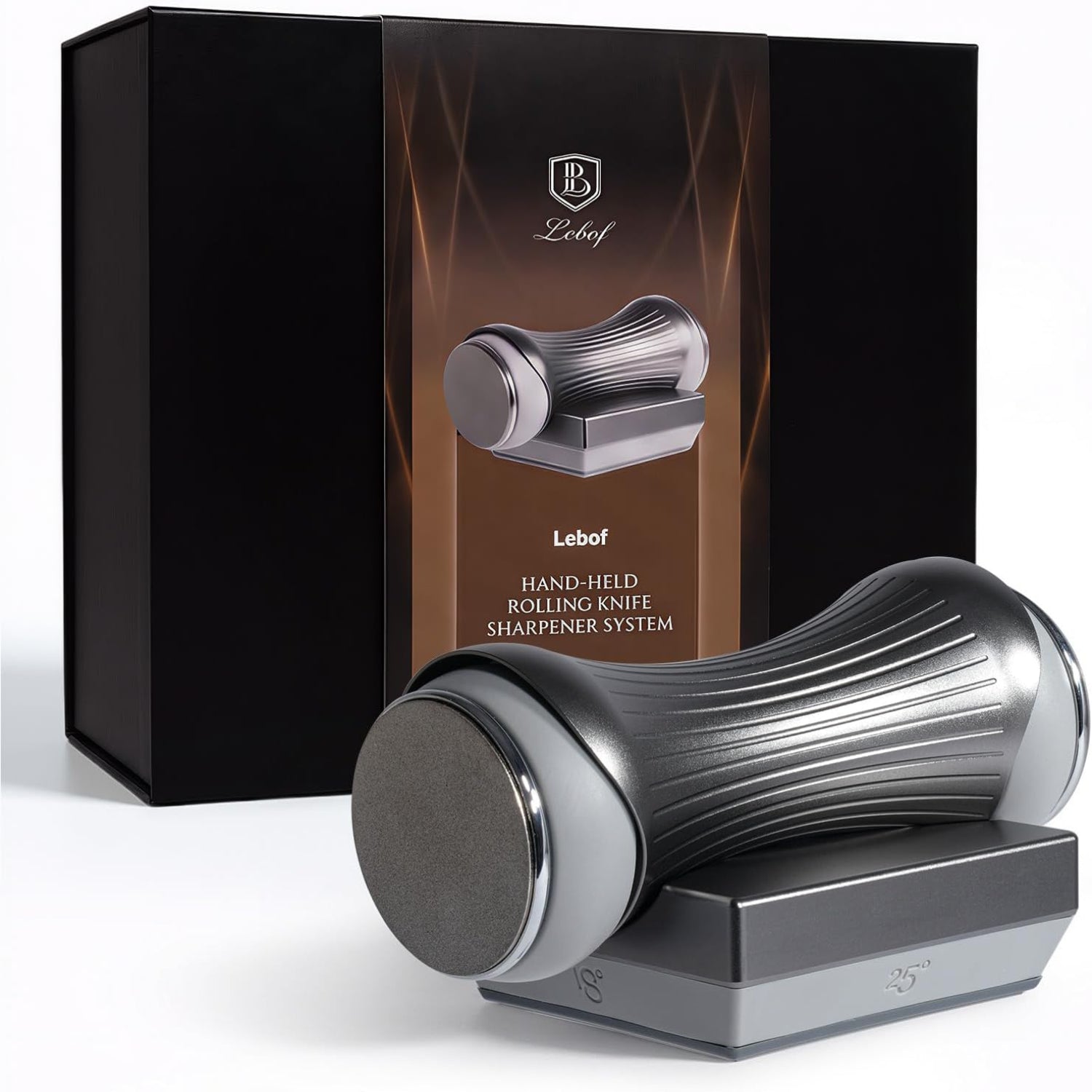 Lebof rolling knife sharpener with diamond disc, magnetic base, and four sharpening stages for precise kitchen knife honing.