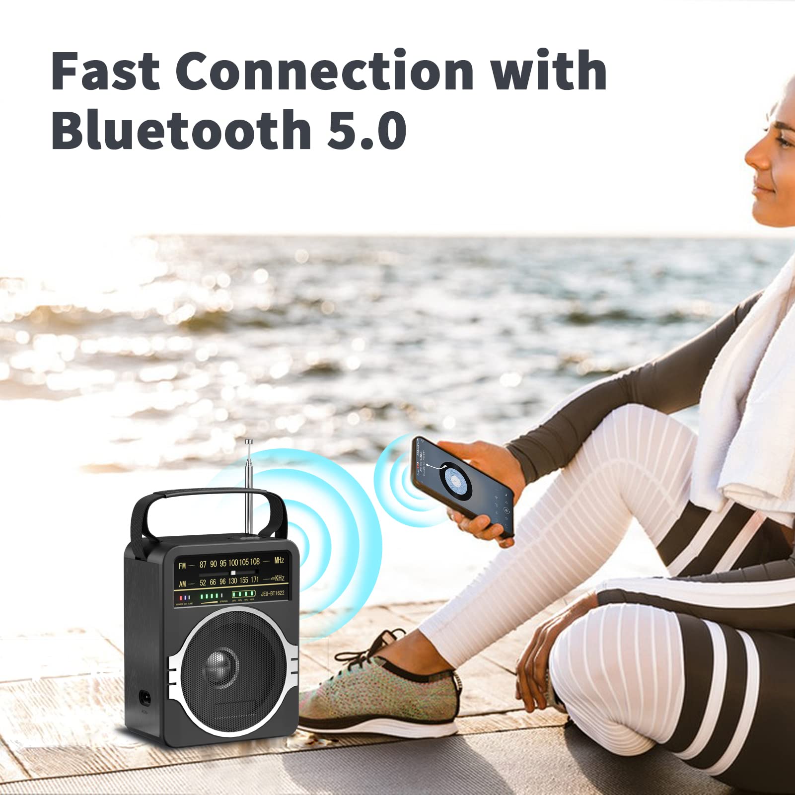 JEUJUG Portable AM FM Bluetooth Radio – 5W Loud Speaker