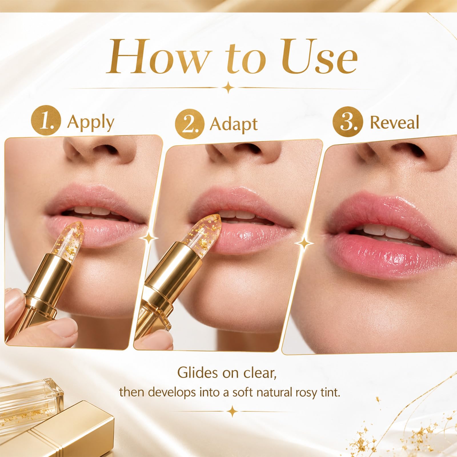 RCSCBC Kivora color-adaptive moisturizing lip tint in a sleek lipstick tube, showcasing vibrant, natural lip color.