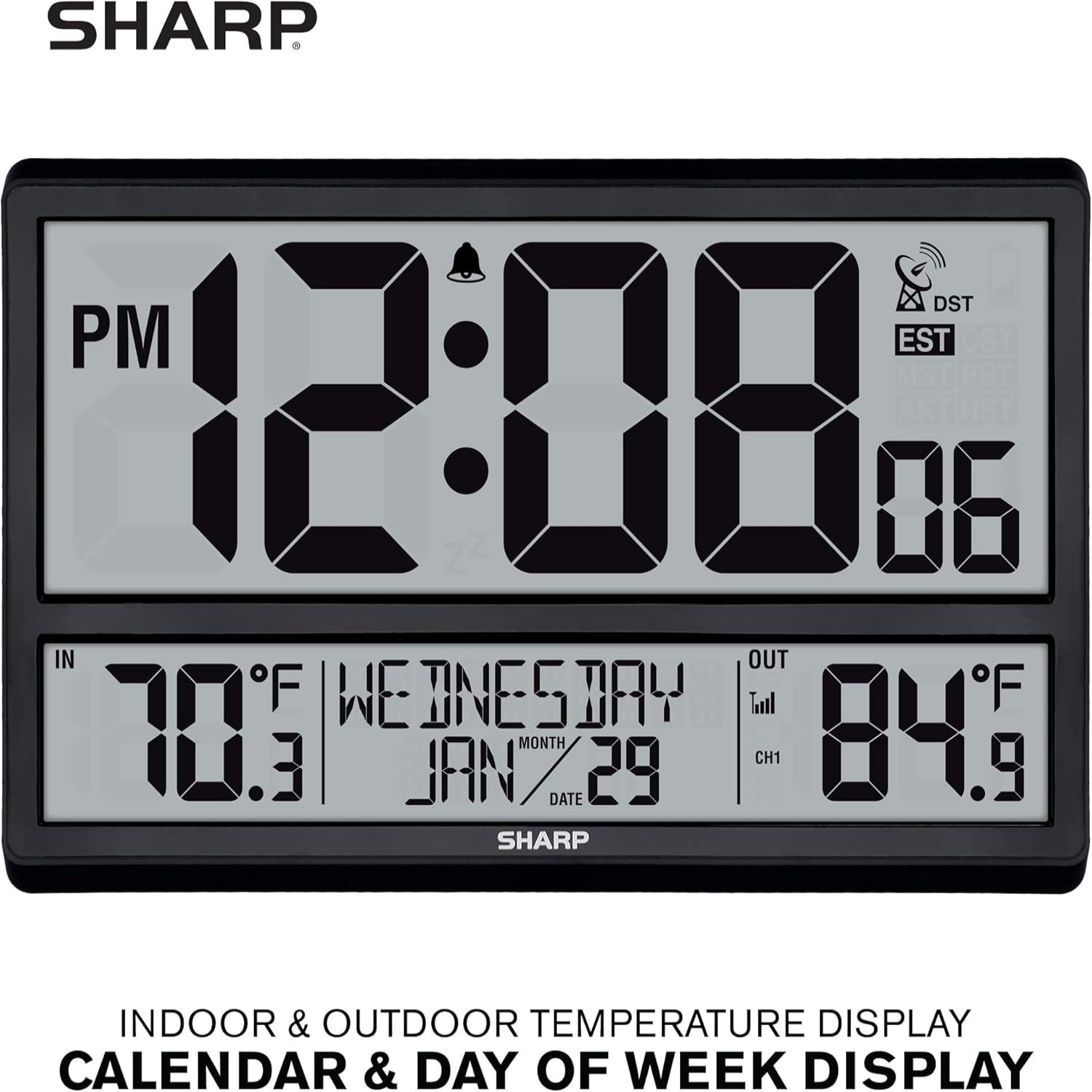 Sharp Atomic Clock with easy-to-read numbers, suitable for indoor and outdoor use, never needs setting, accurate time display