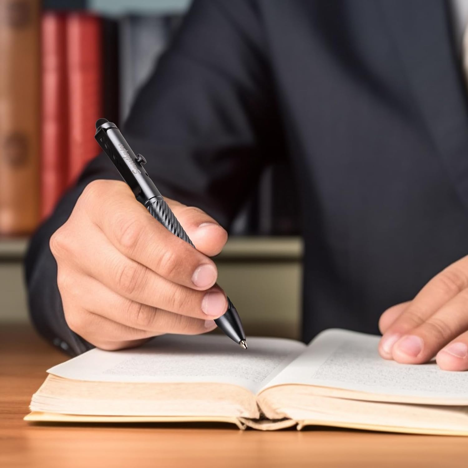 SMOOTHERPRO Bolt Action Pen with stylus tip for touchscreen devices, compatible with Fisher Space SPR4, black metal finish.