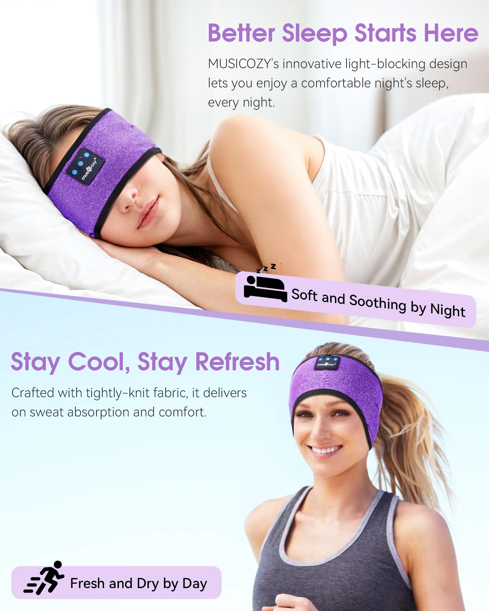 MUSICOZY Sleep Headphones Bluetooth Headband Headphones for Side by MUSICOZY - Angle View 2