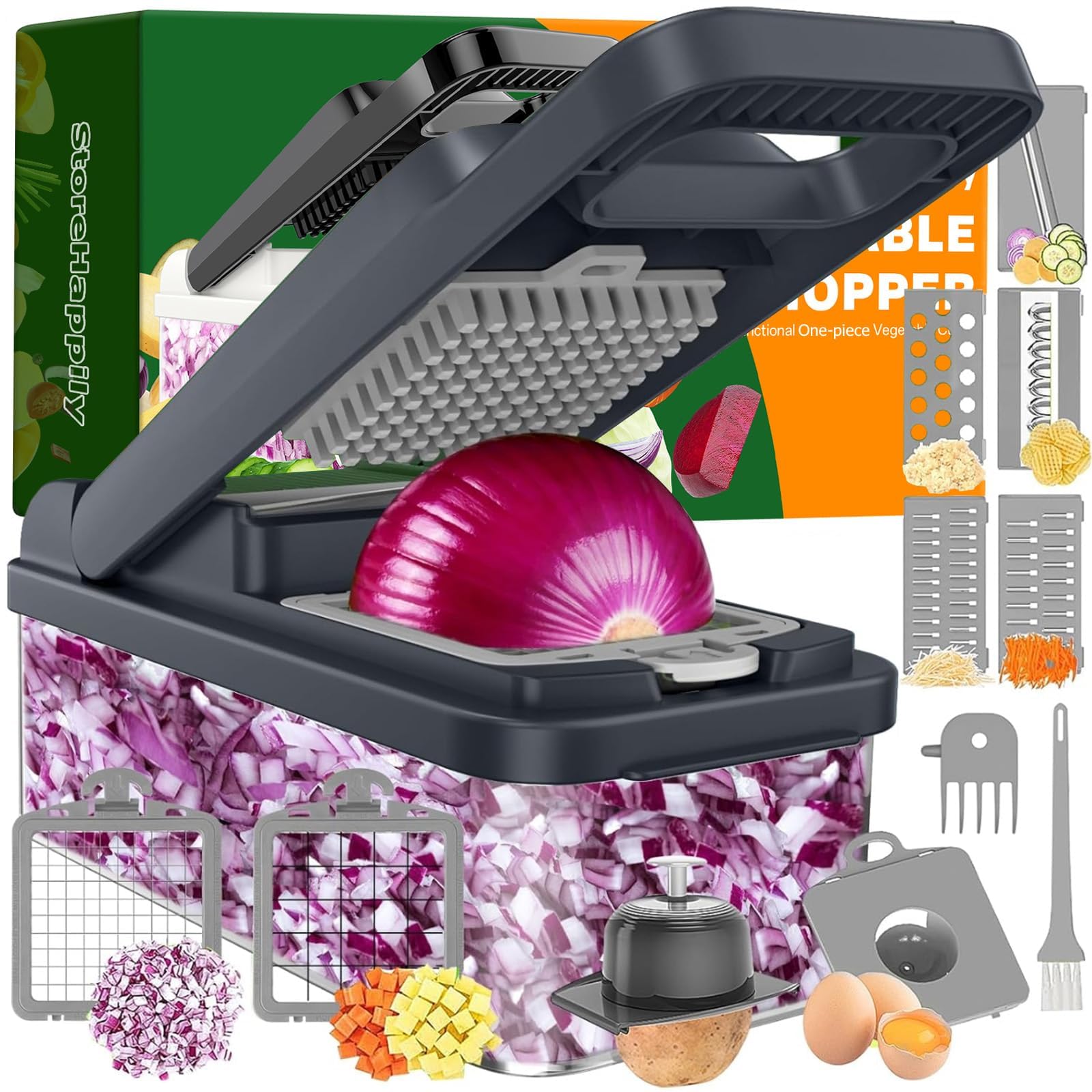 12-in-1 Vegetable Chopper 7 Blades, Veggie Cutter with Handle, - Product Imagery