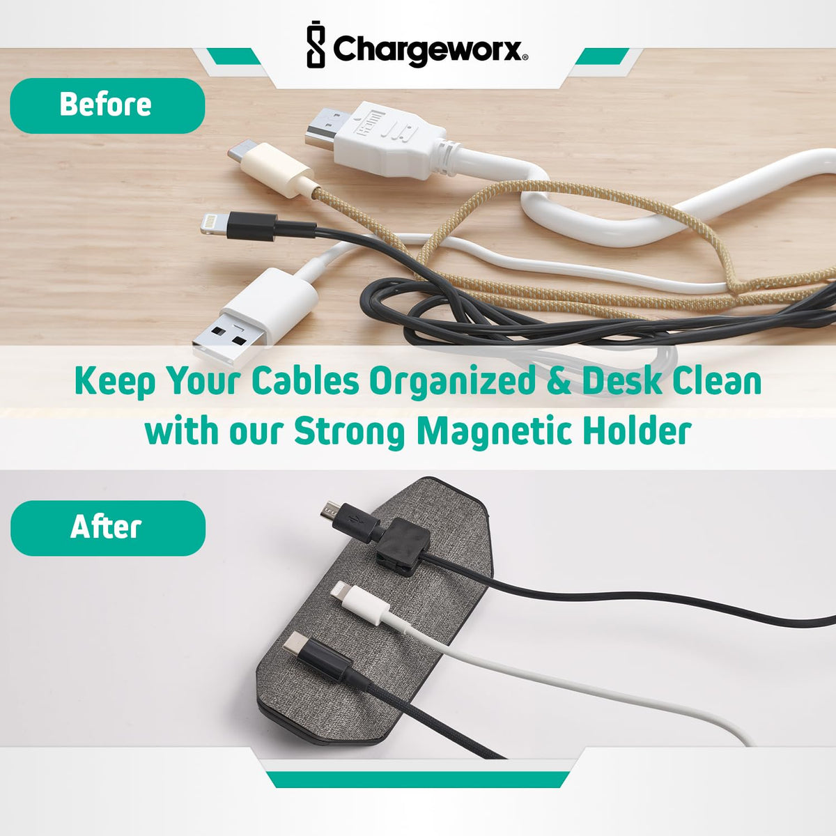 Magnetic Cable Management Organizer 4 PK Cord Holder 12 - CHARGEWORX Official Imagery - 3