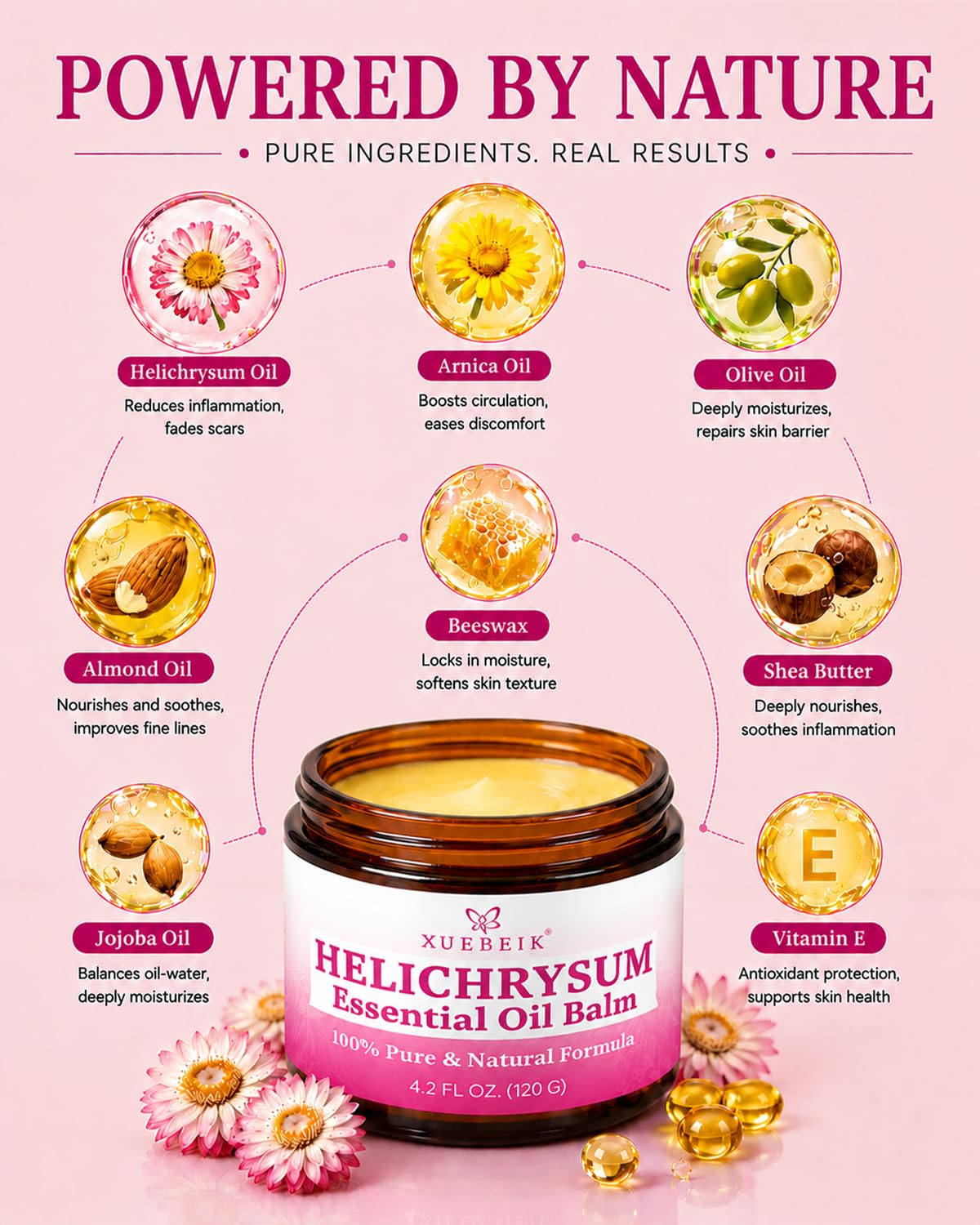 XUEBEIK Helichrysum Balm 120g natural skin repair salve in a jar, moisturizing and soothing skin with herbal ingredients.