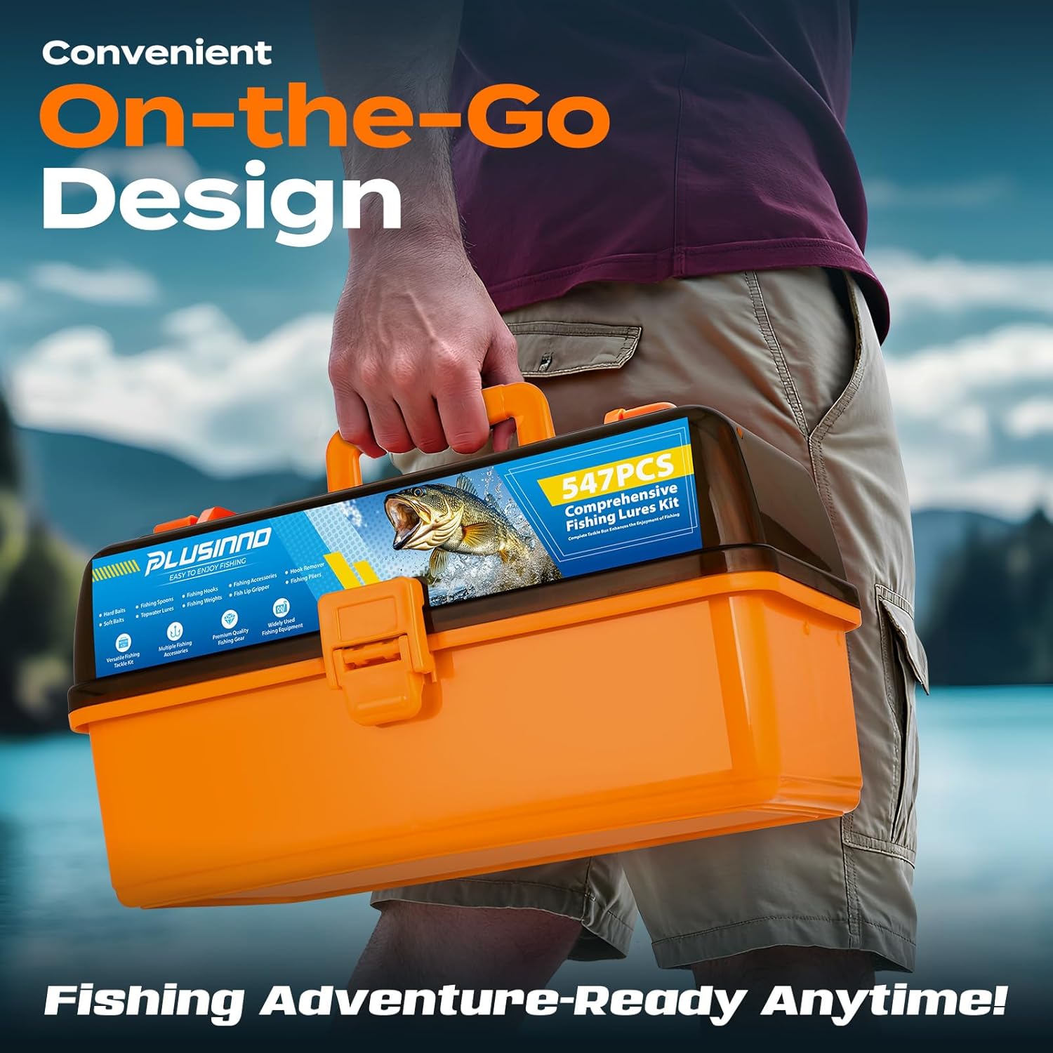 PLUSINNO large 4-layer tackle box with 547-piece fishing lures kit, including pliers and crankbaits for freshwater fishing.