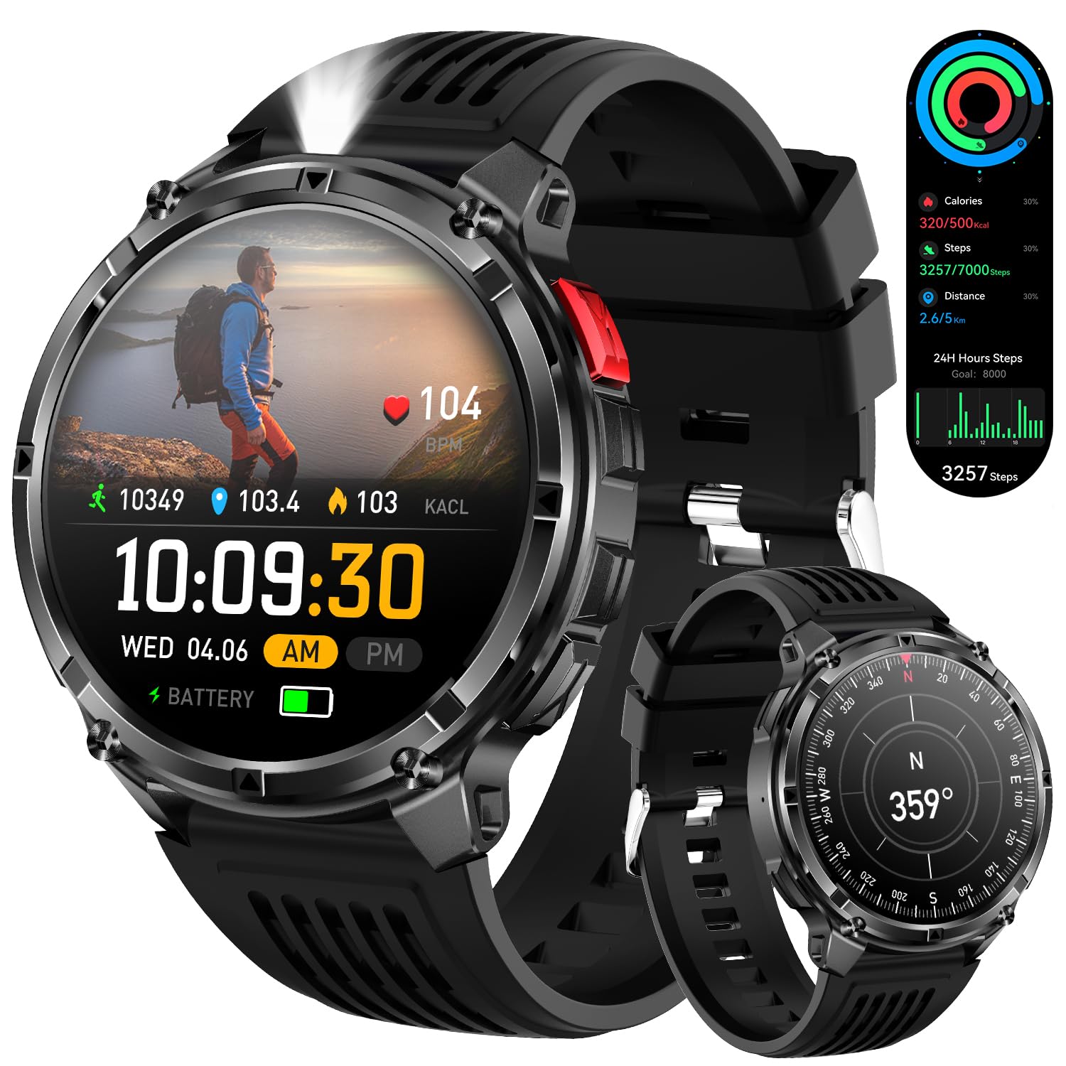 Mens Smart Watch for Android Phones and iPhone,Military Sport - Product Imagery