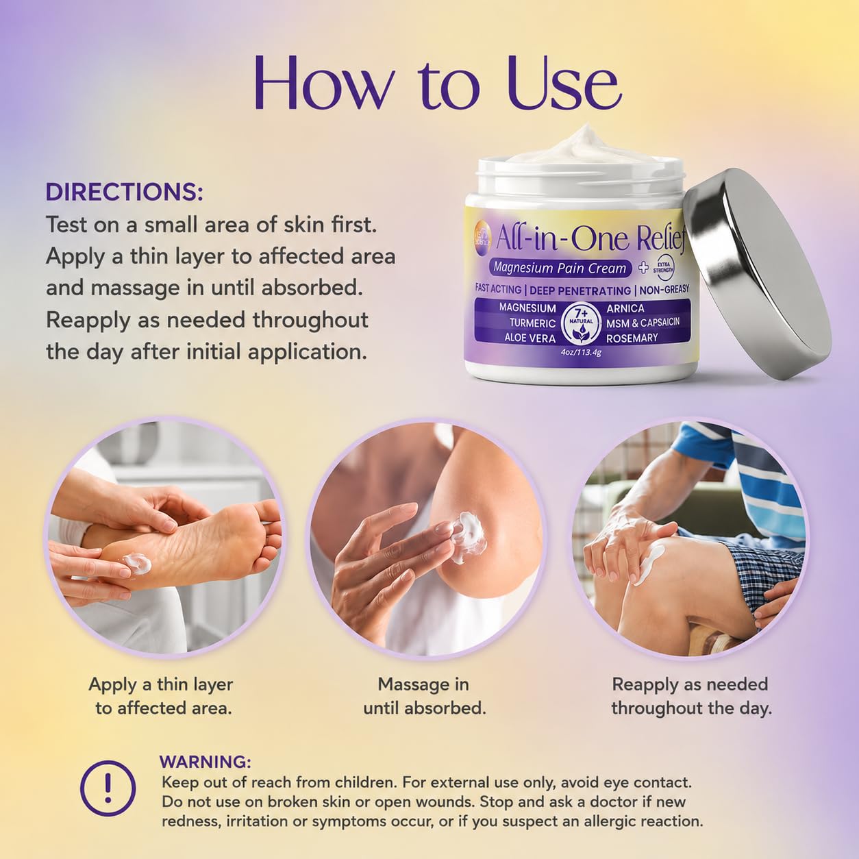 Purple Canyon Magnesium Cream with menthol, MSM, and arnica, shown in a tube for soothing muscle relief.