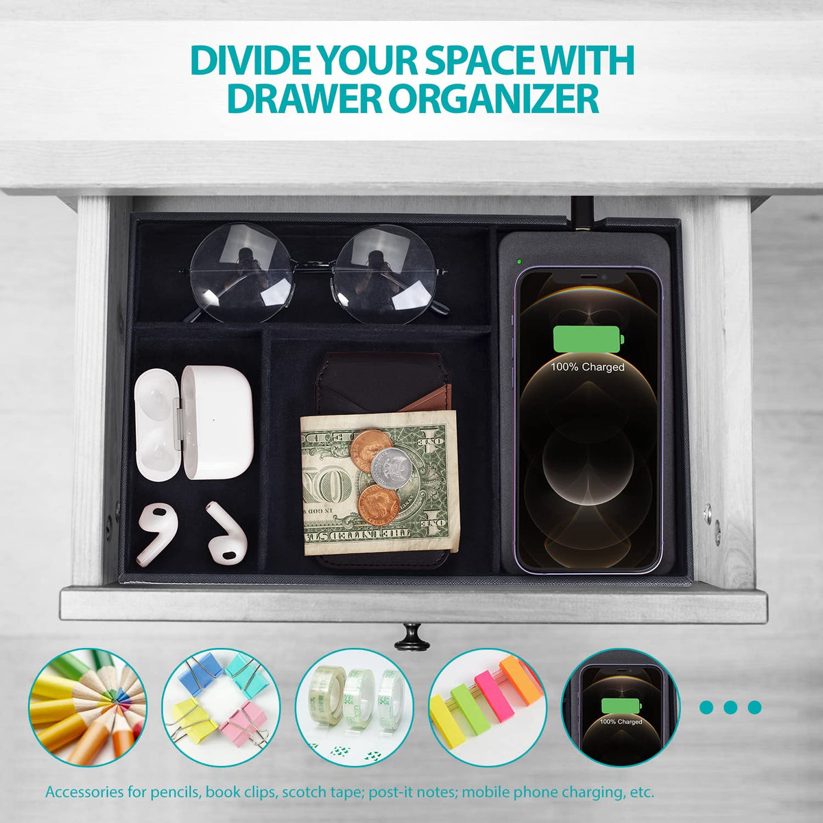 Valet Tray Built in Wireless Charging Pad Nightstand - wireless future charger Official Imagery - 6