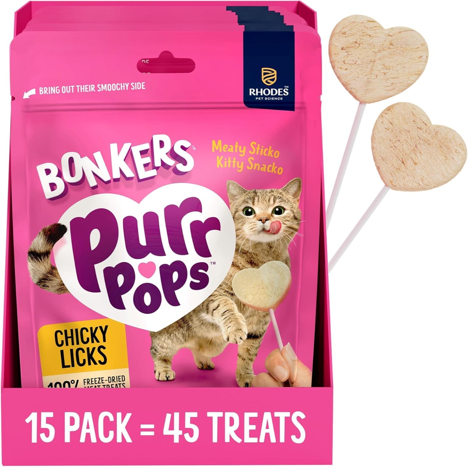 Bonkers Purrpops freeze-dried chicken-flavored lollipop treats for cats, 15 pack, showing colorful treats on a white background.