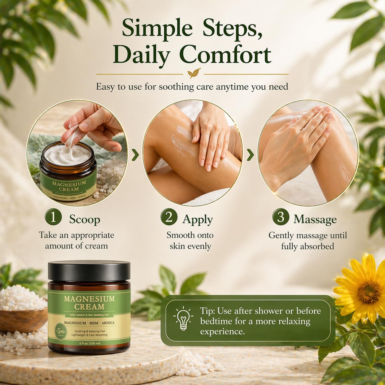 Relief Magnesium Cream Soothing Nerve Formula Cream with MSM & Arnica for Knees Muscle Support, 5 Fl Oz (150Ml)