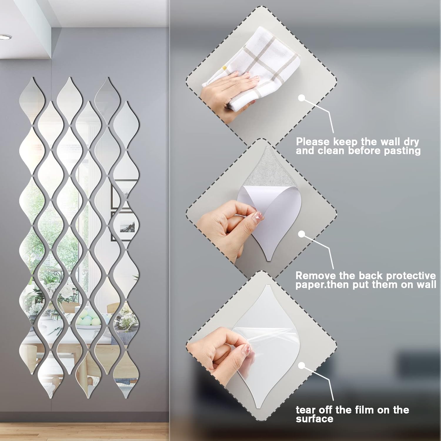 Weysat 30 Pcs Mirror Wall Stickers Decor Acrylic 3D Tear Drop Decorative Mirrors Stickers