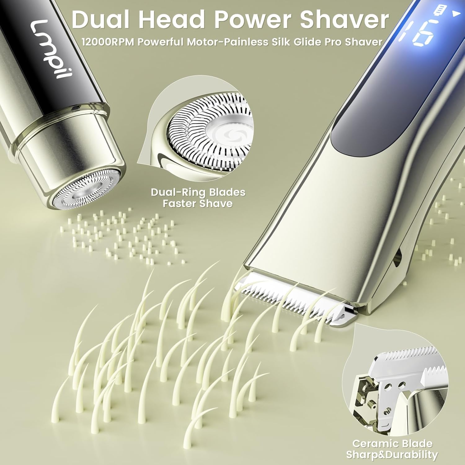 Lmpil 2-in-1 electric bikini trimmer with dual heads and ceramic blades, designed for women’s grooming and hair removal.