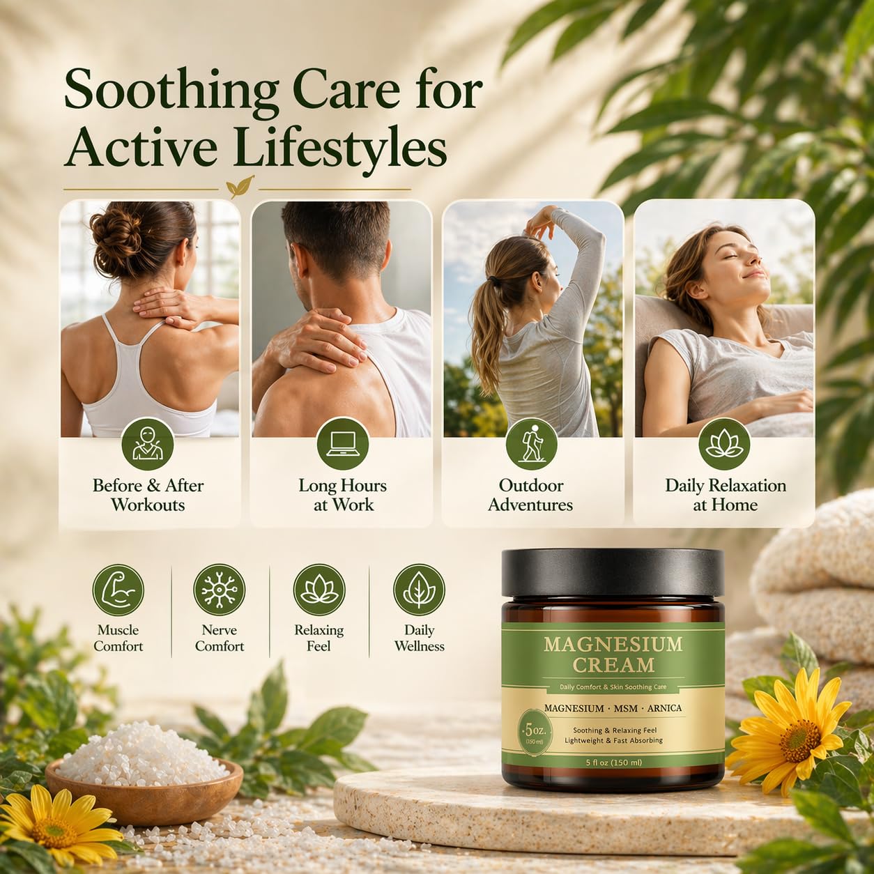 Relief Magnesium Cream Soothing Nerve Formula Cream with MSM & Arnica for Knees Muscle Support, 5 Fl Oz (150Ml)