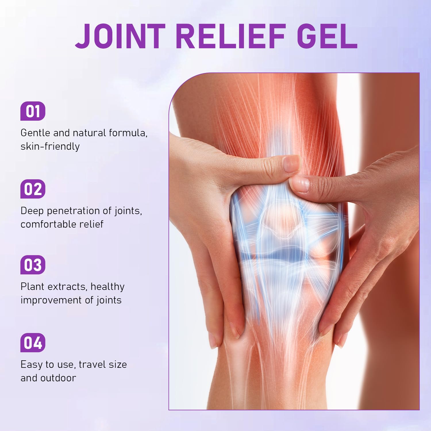 KLIFE Purple Relief soothing massage cream in two bottles, a body lubricant with calming gel for joint comfort.