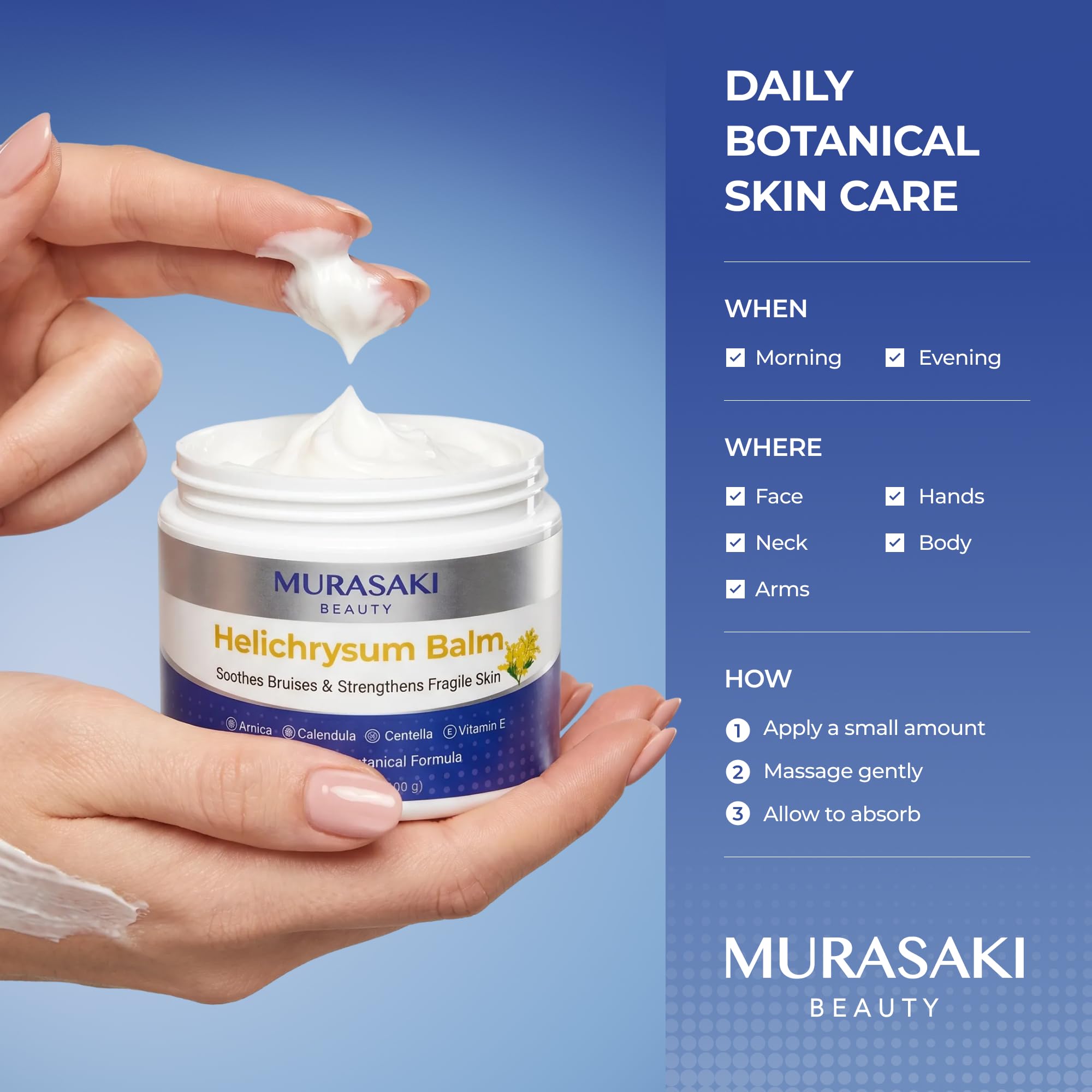 MURASAKI BEAUTY Helichrysum Balm with Botanical Extracts, Deep Hydration Helichrysum Balm for Bruise-Prone, Fragile & Thin-Looking Skin, Skin Barrier Support 3.53 oz