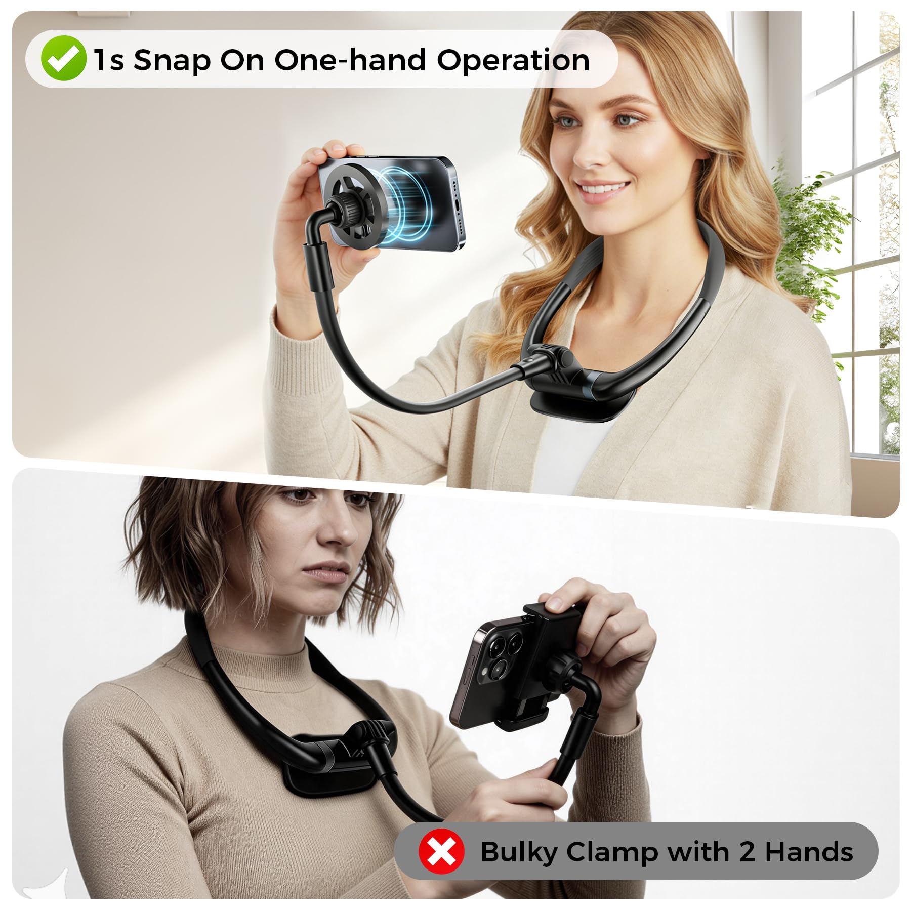 LenTok magnetic neck phone holder for iPhone, portable electronic device stand, comfortable hands-free mount for reading, videos, and recording.