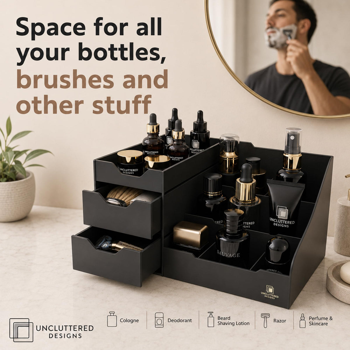 Mens Cologne Organizer for Dresser Black Countertop - Uncluttered Designs Official Imagery - 5