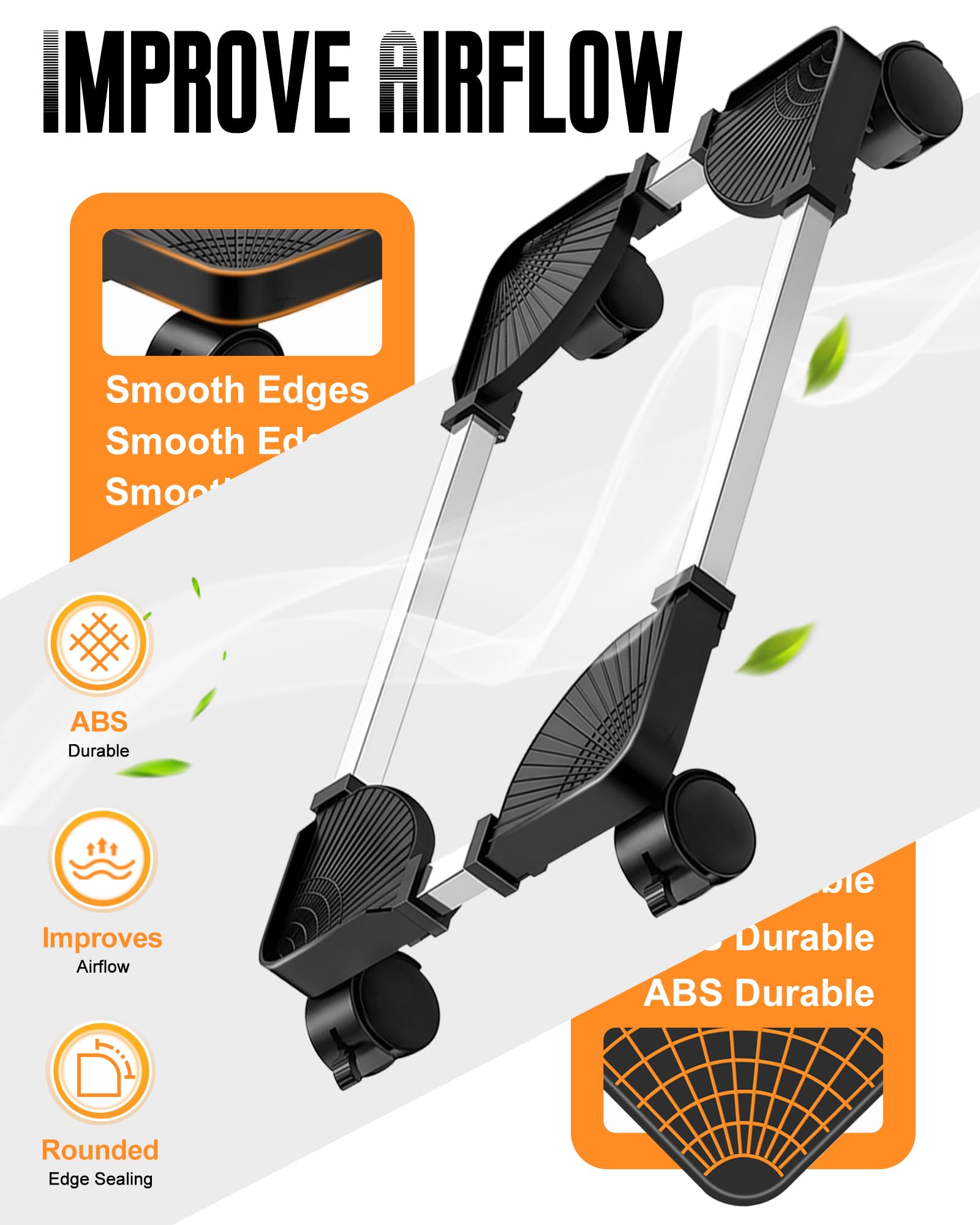 YOSE adjustable black computer tower stand with rolling caster wheels, designed for gaming PC cases on floors or carpets.