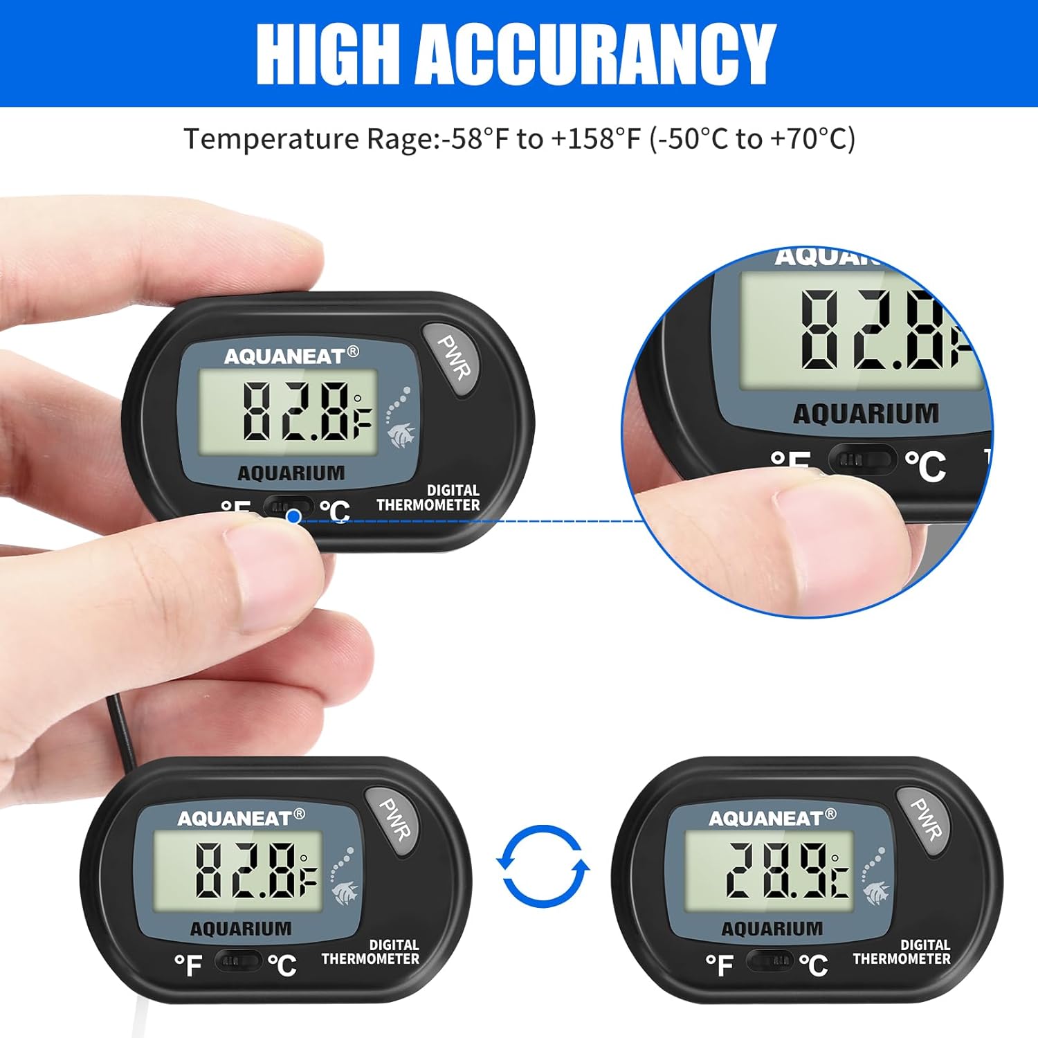 AQUANEAT 2-pack aquarium thermometers showing digital display and temperature readings for fish tanks and aquariums.