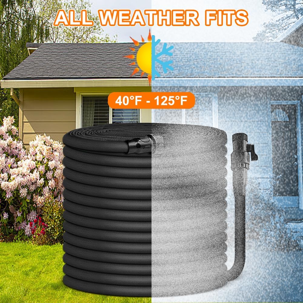 Vazpalas 75ft lightweight garden hose with triple-layer construction and 3/4-inch fittings, coiled and ready for watering.