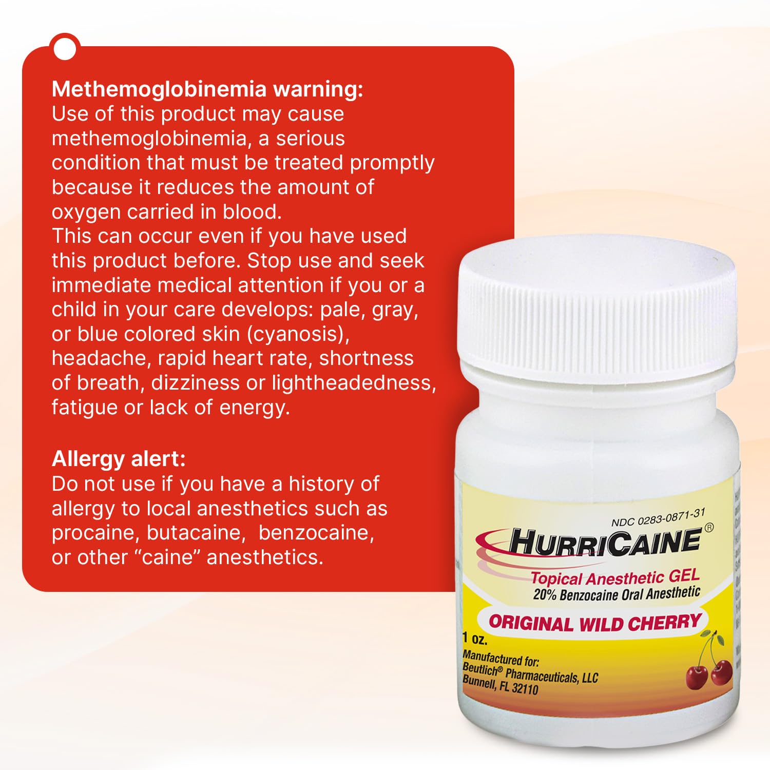 HurriCaine 20% Benzocaine Oral Pain Relief Gel, Wild Cherry 1oz