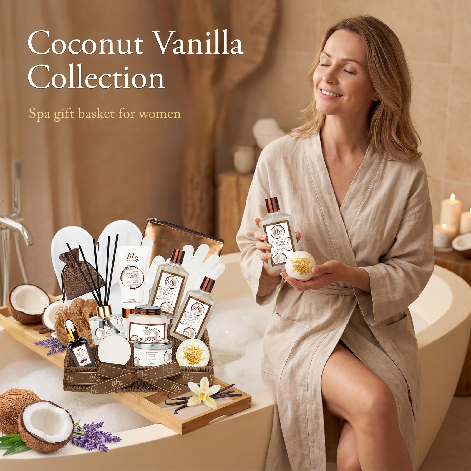 Coconut Vanilla Spa Gift Set Complete Spa Gift Baskets for - LILY ROY Official Product Imagery - 7