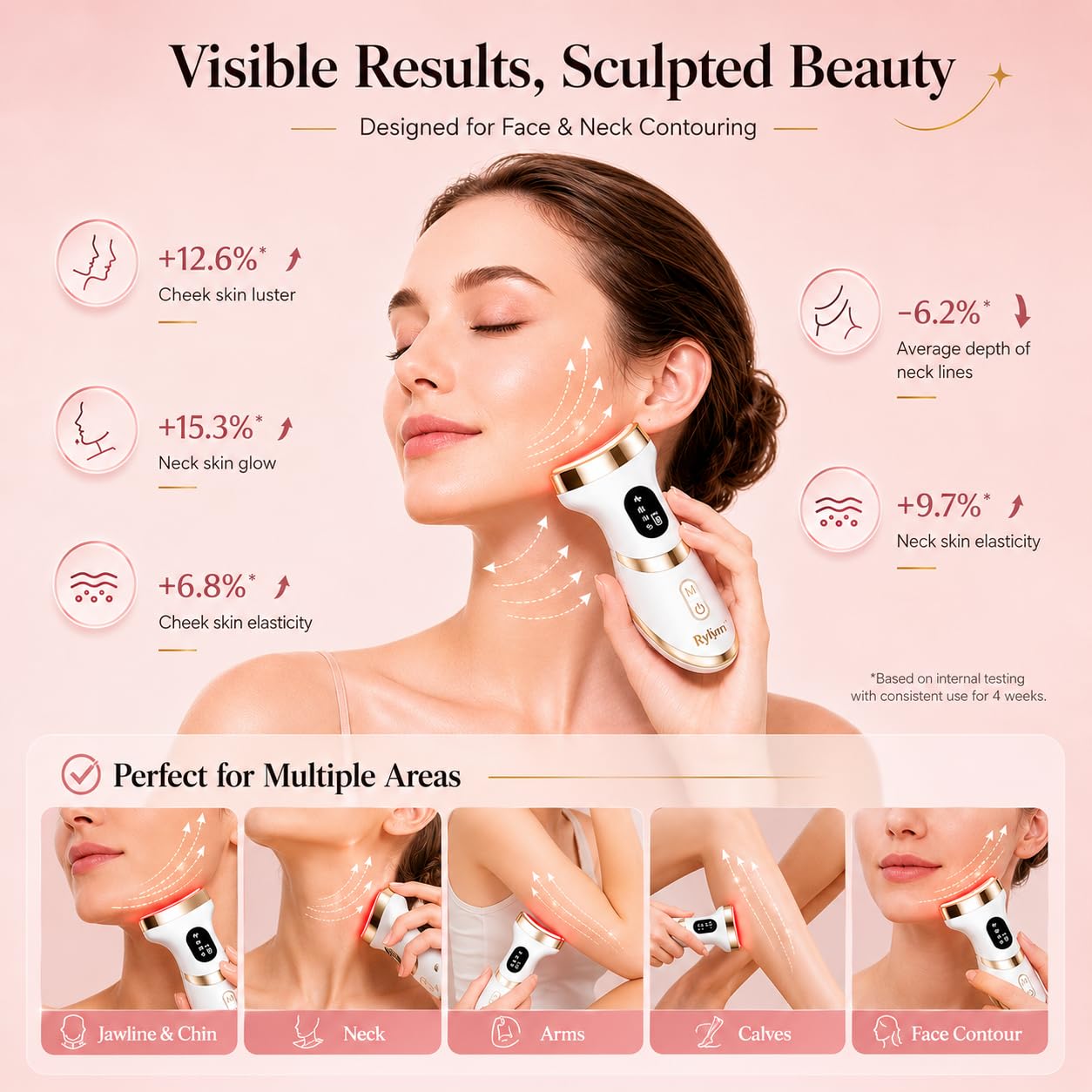 Rylynn Cold Heat Facial Body Massager, Wide-Curved Sculpting Tool for Face Depuffing, Neck and Chest Lifting, 7 Modes Smart Touch Vibration with Red Light for Lymphatic Drainage