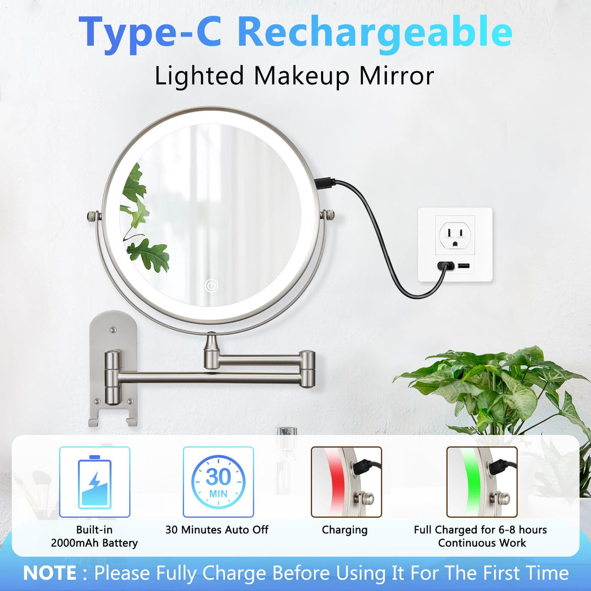 9 Wall Mounted Lighted Makeup Mirror Rechargeable 1X 15X - ALHAKIN Official Imagery - 8