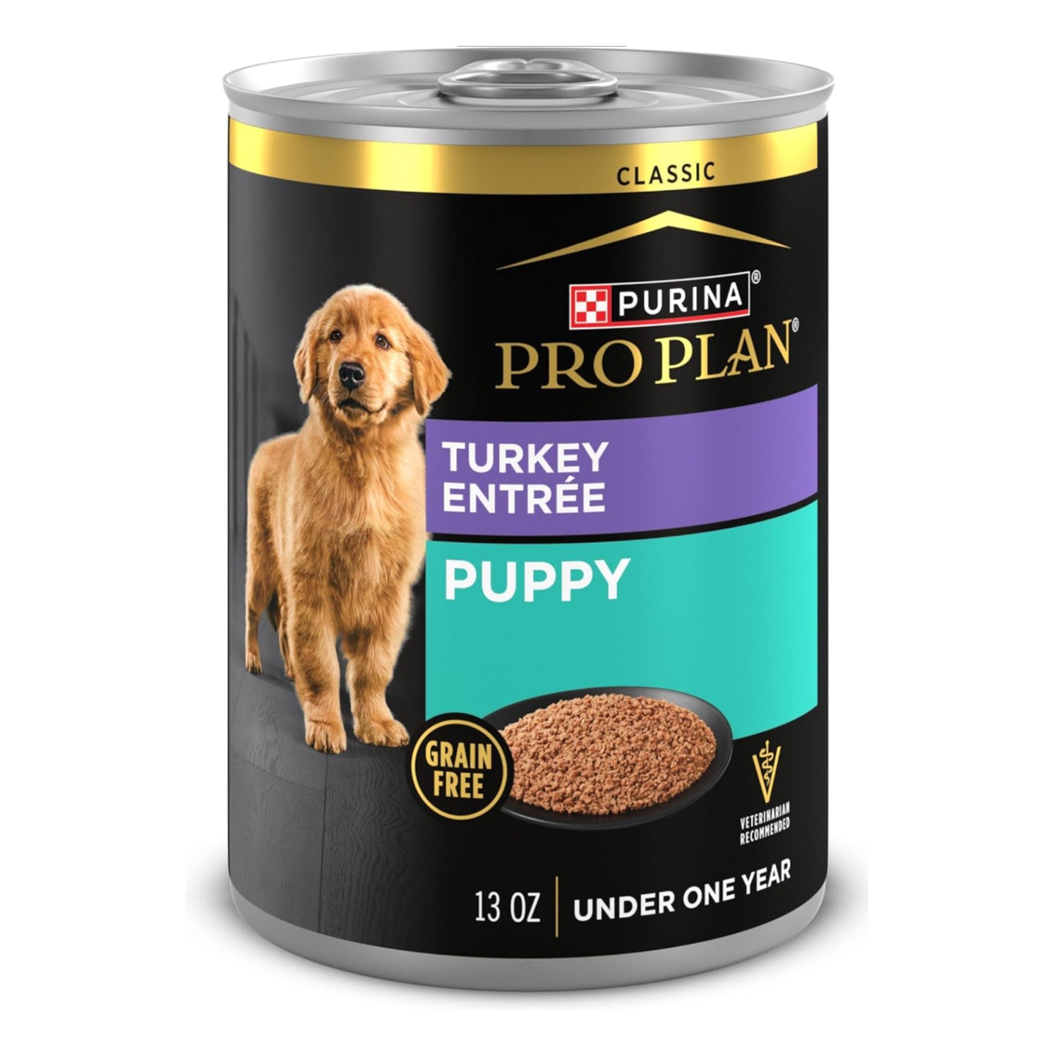 Elefair Purina Pro Plan grain-free wet puppy food cans with classic turkey entrée, 13 oz each, pack of 12.