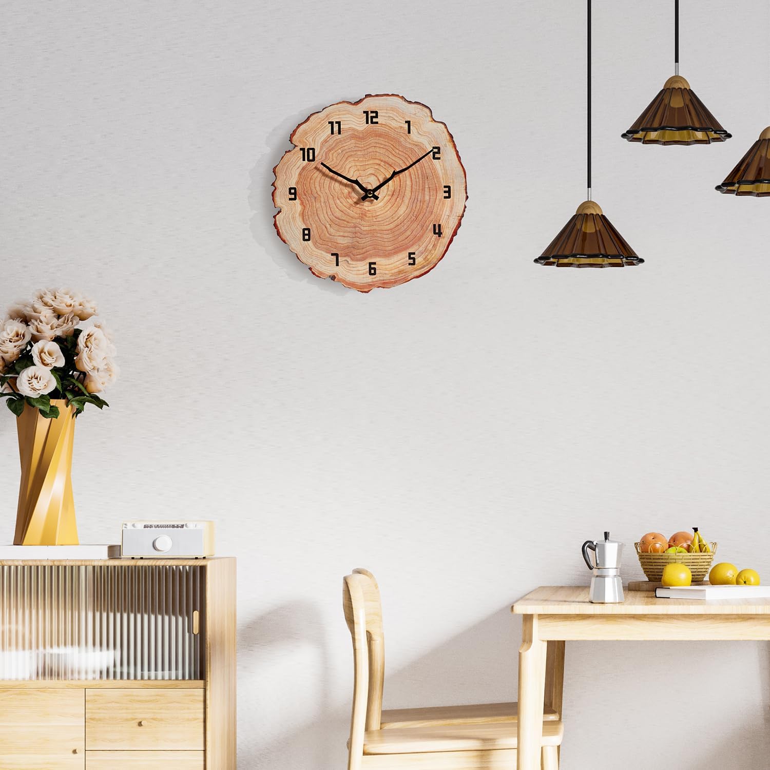 Rustic 12-inch wooden wall clock by YRUDMBIN with silent battery operation, ideal for bathroom home decor.