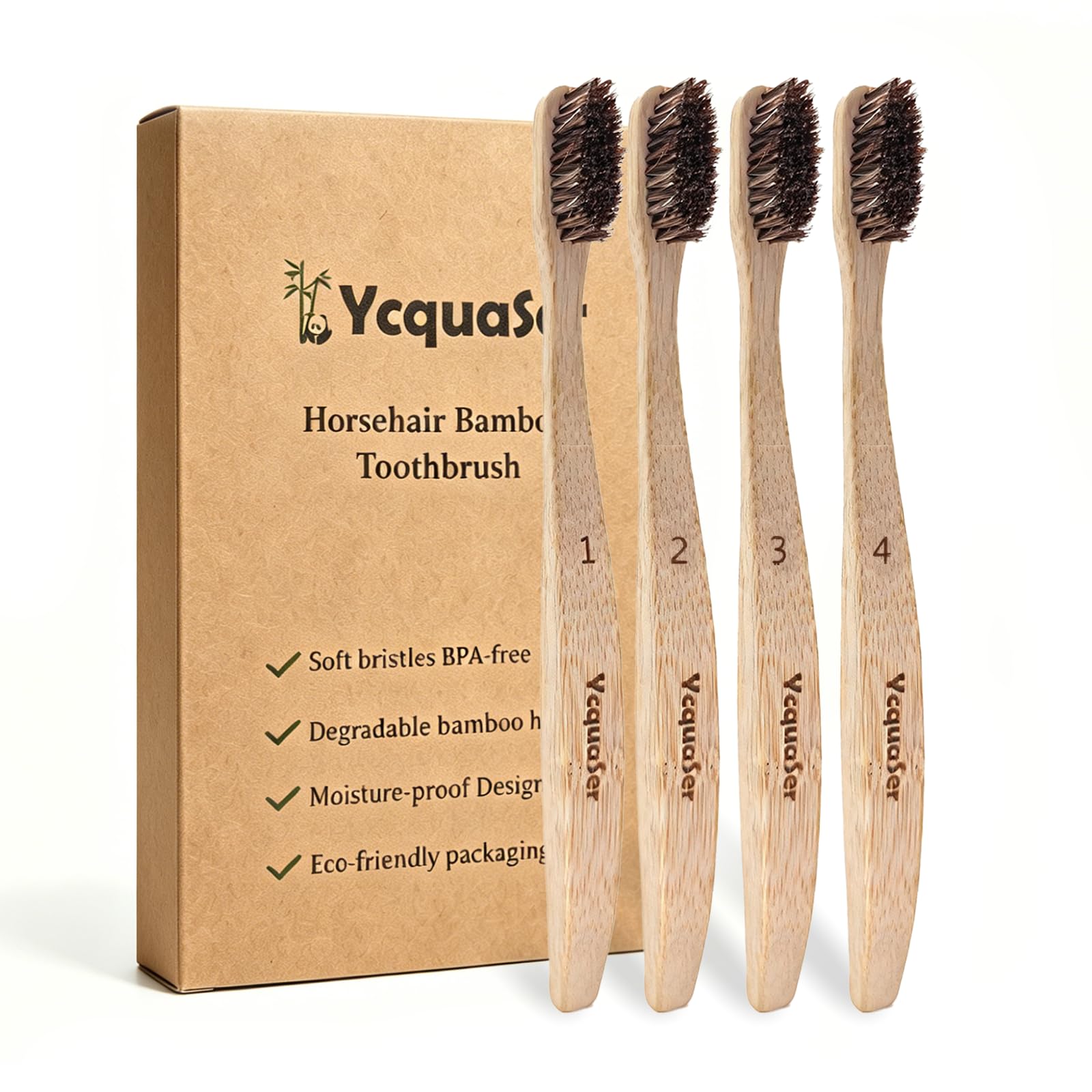 Ycquaser Bamboo Toothbrush 4-Pack | Natural Horse Bristles