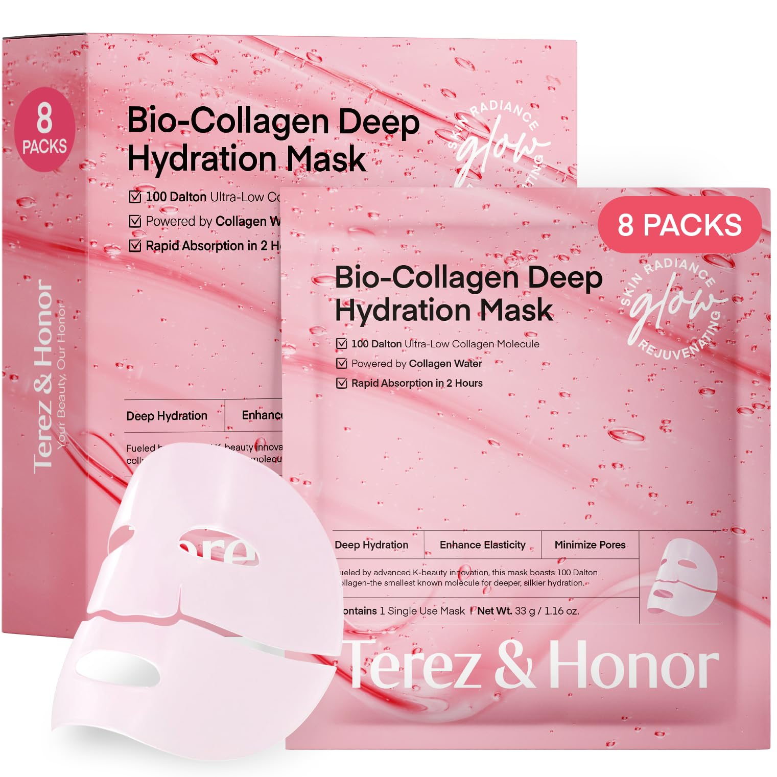 TEREZ & HONOR Real Deep Bio Collagen Face Mask - 8 x 33g Korean Hydrogel Overnight Masks for Deep Hydration, Glowing, Pore Minimizing, Elasticity, Fragrance-Free, 100 Da Ultra-Low Molecular Collagen - TEREZ & HONOR Official Product View 2