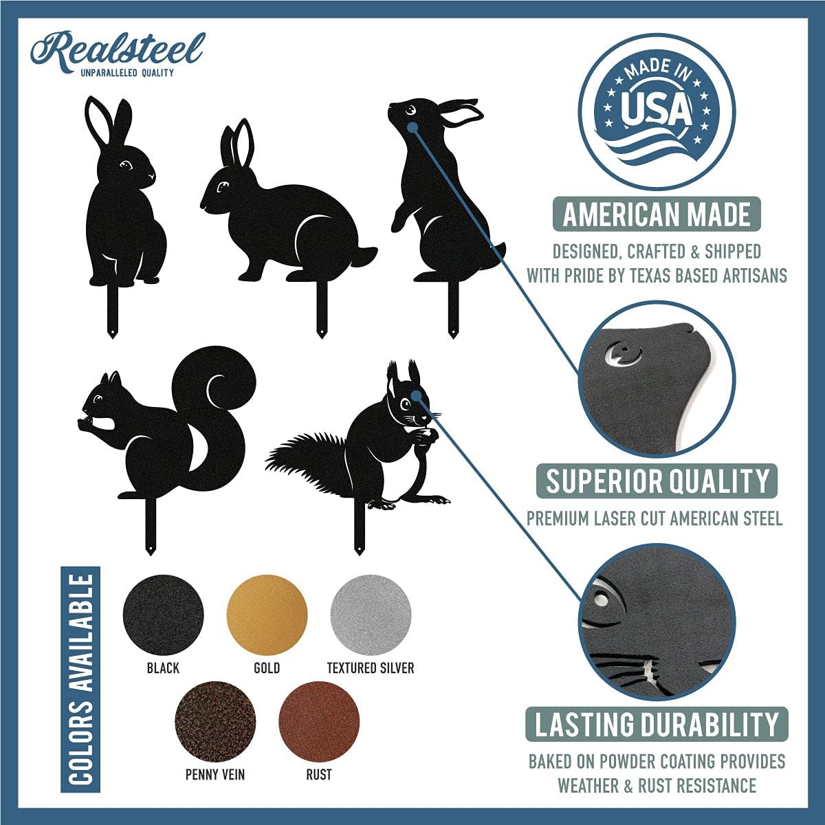 RealSteel metal garden animal sculptures featuring a bunny and squirrel yard art stake for outdoor decor.