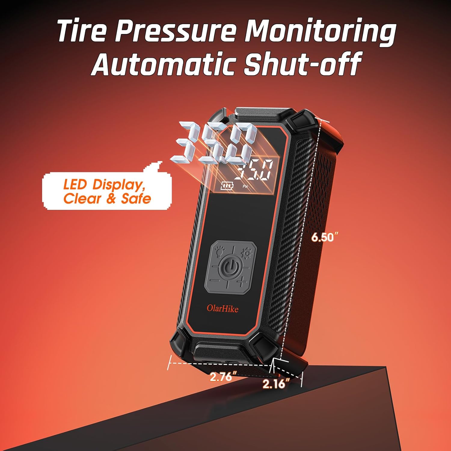 OlarHike cordless tire inflator with digital display, portable air compressor, 150 PSI, dual power, 5400mAh battery, and 12V DC cable