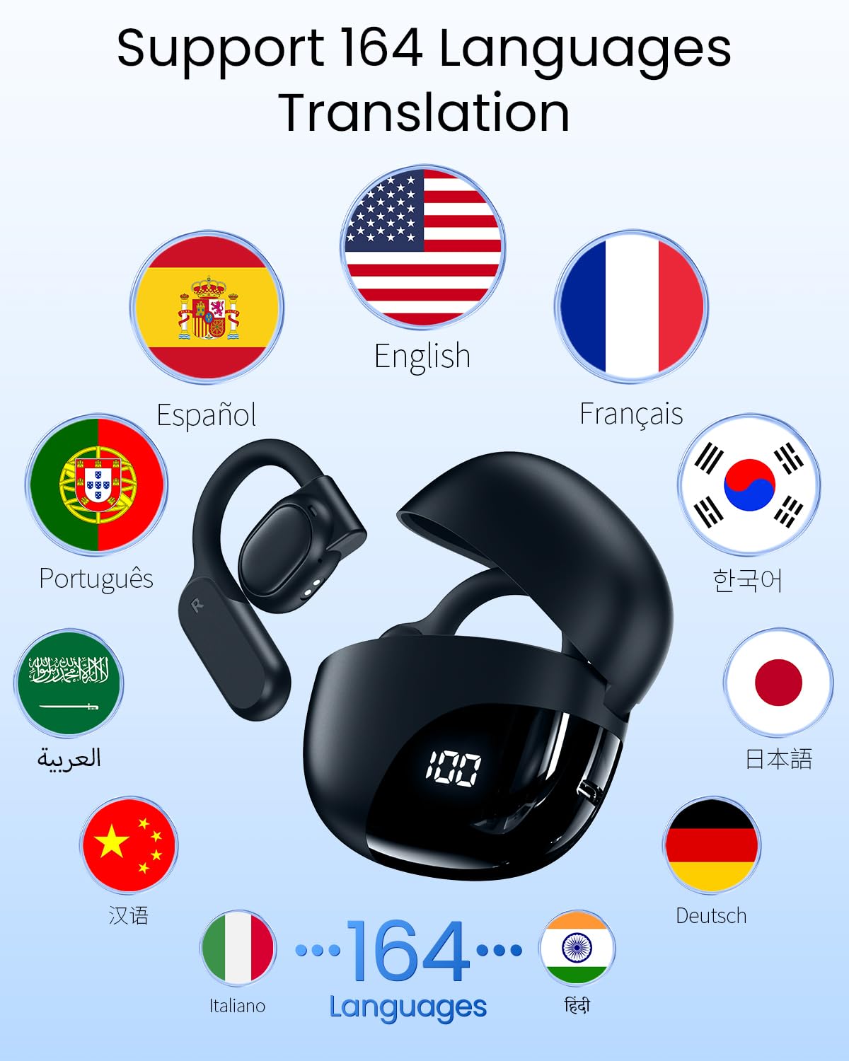 TAGRY AI Translation Earbuds Real Time 164 Languages 80H Playtime by TAGRY - Angle View 2