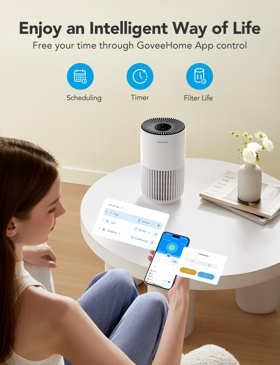 GoveeLife Smart Mini Air Purifier for Bedroom, with App & Alexa Control - GoveeLife Official Product View 3