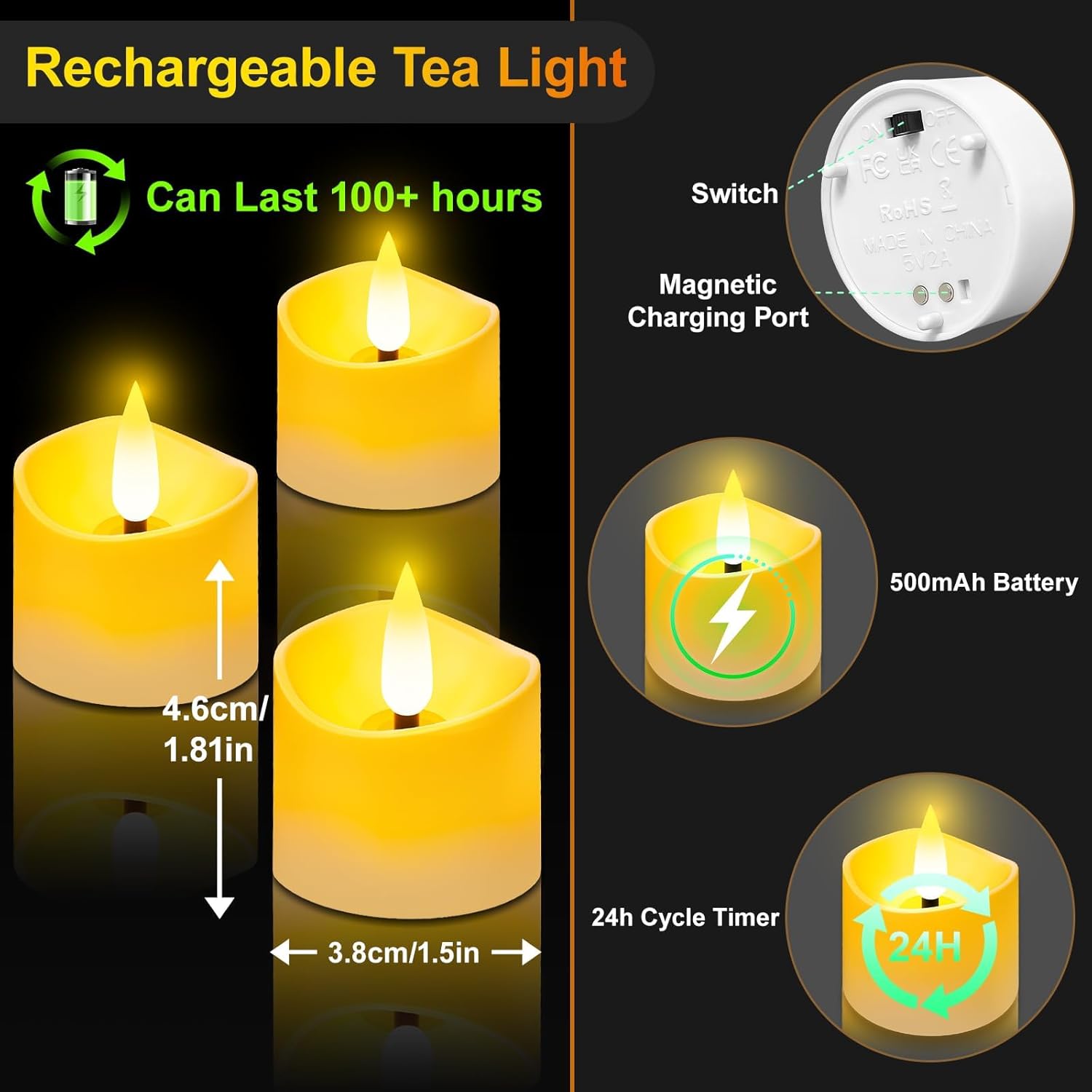 YiaMia 12-pack rechargeable tea lights with magnetic wireless charging, showing glowing LED candles with charging base.