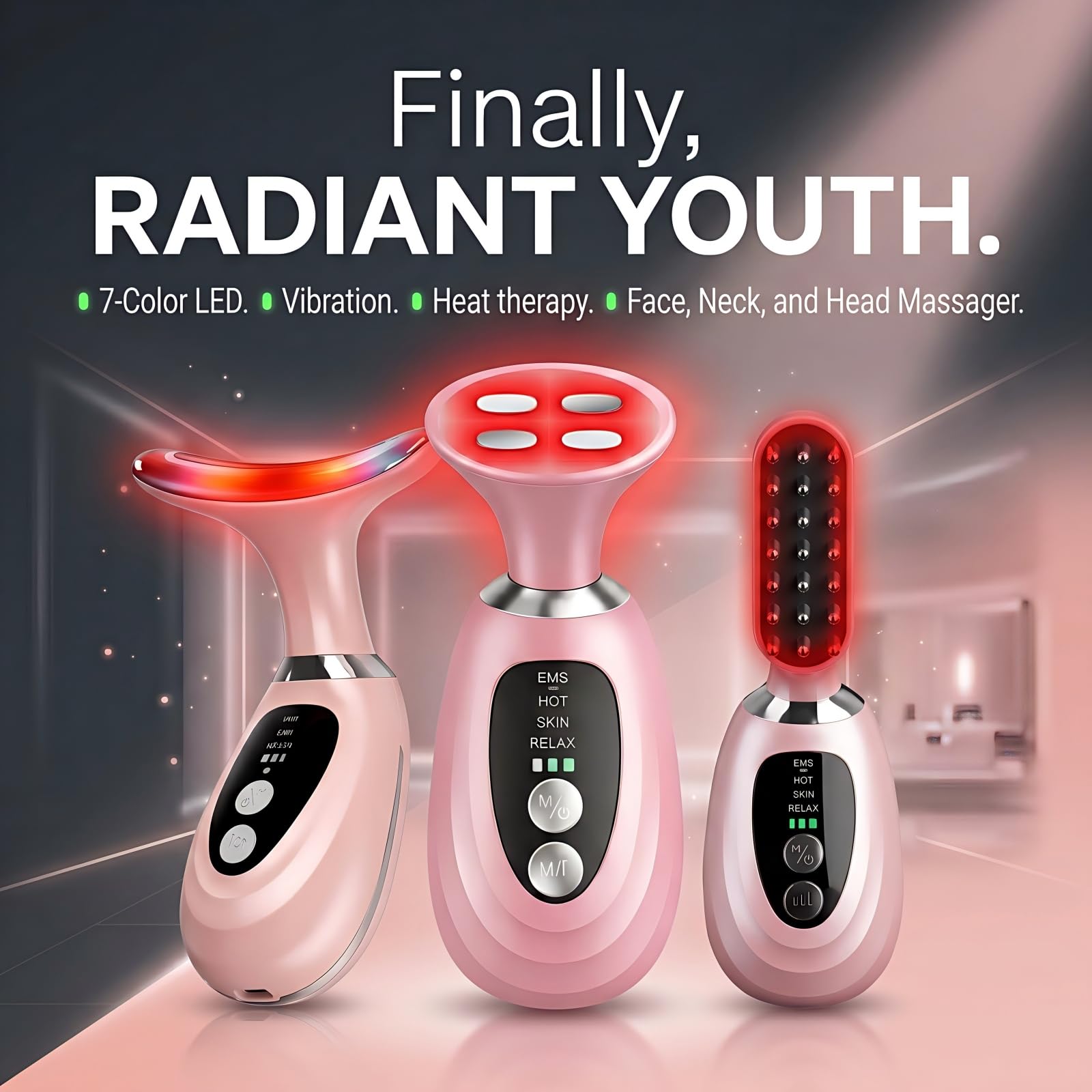3-in-1 Facial Massager for Face Neck and Scalp,7-Color LED Light - erdnretl