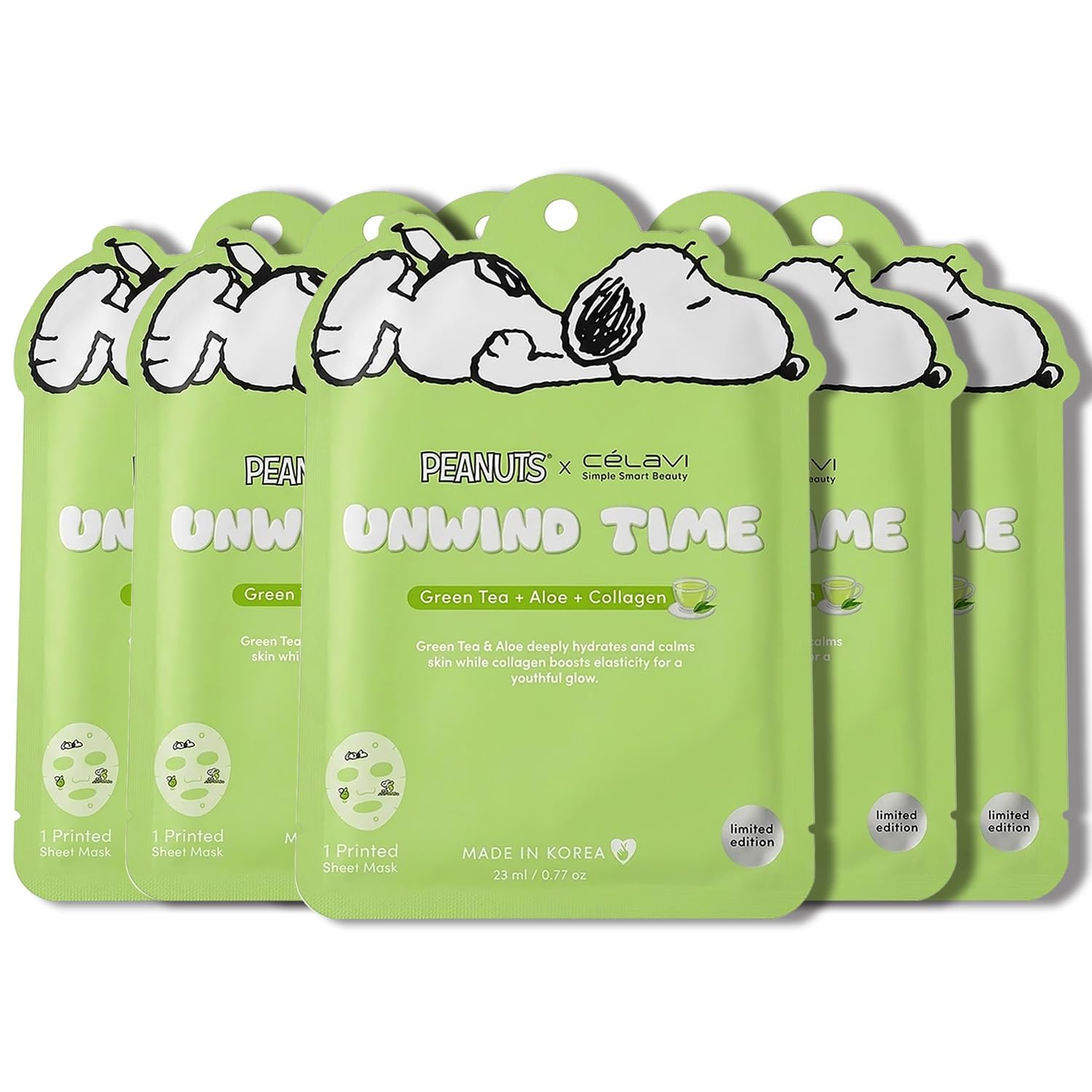 CELAVI 5 Pack Peanuts Snoopy Printed Sheet Mask, Cute Face Masks - Celavi Cosmetics