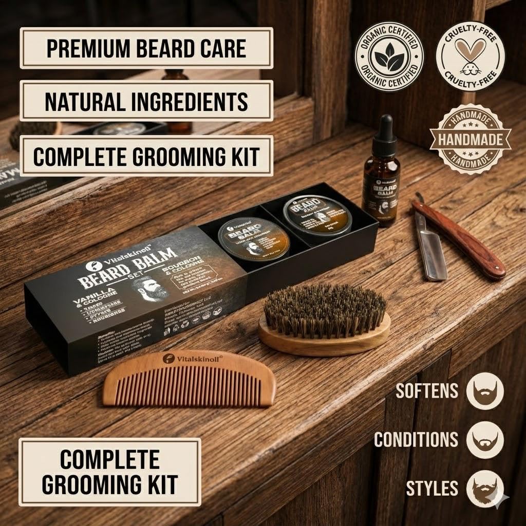 Beard Balm Set for Men Sandalwood Cologne Scented 2 Pack Set - VITALSKINOIL Official Imagery - 7